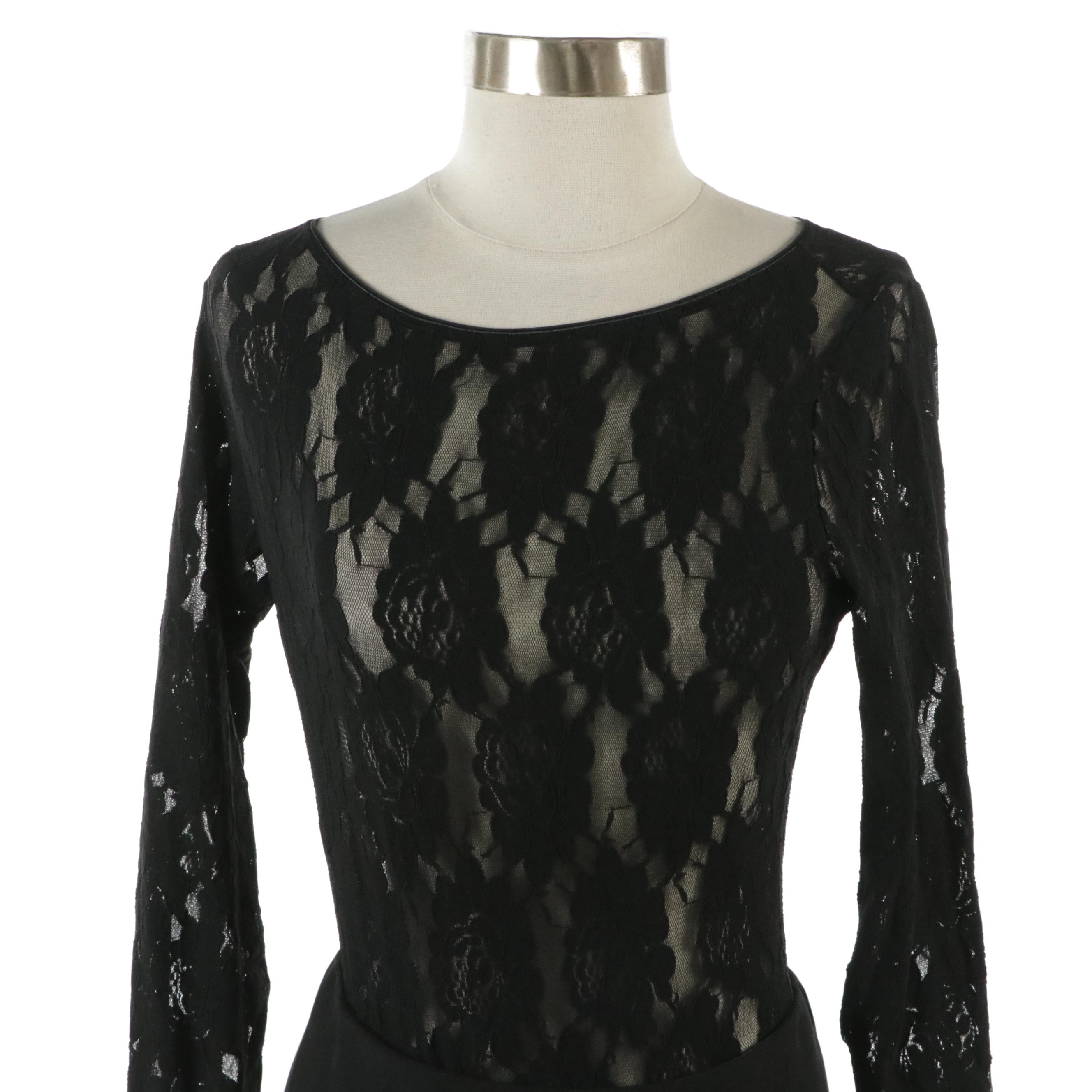 Dolce & Gabbana Black Wool Skirt with Tag and Fogal Floral Stretch Lace Bodysuit
