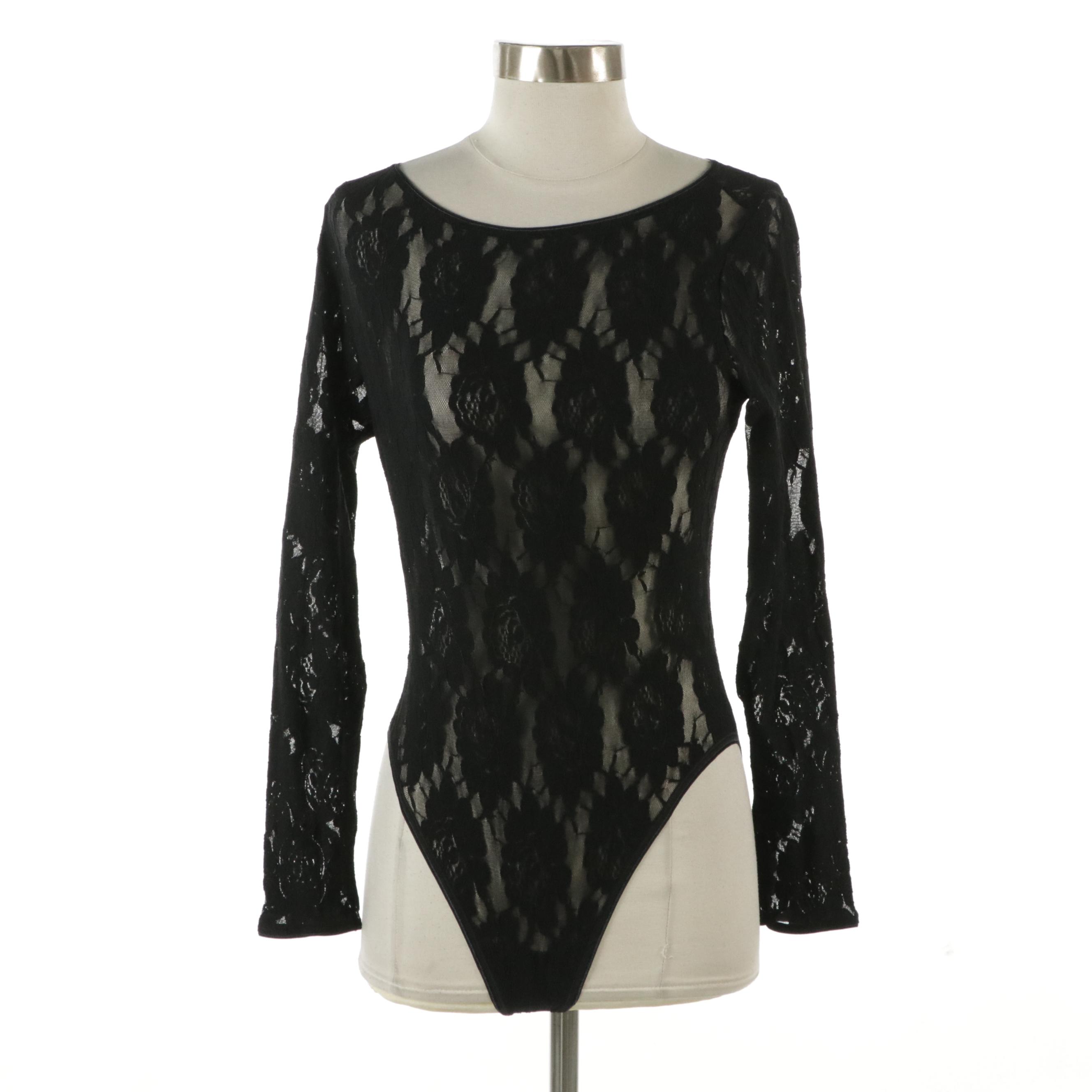 Dolce & Gabbana Black Wool Skirt with Tag and Fogal Floral Stretch Lace Bodysuit