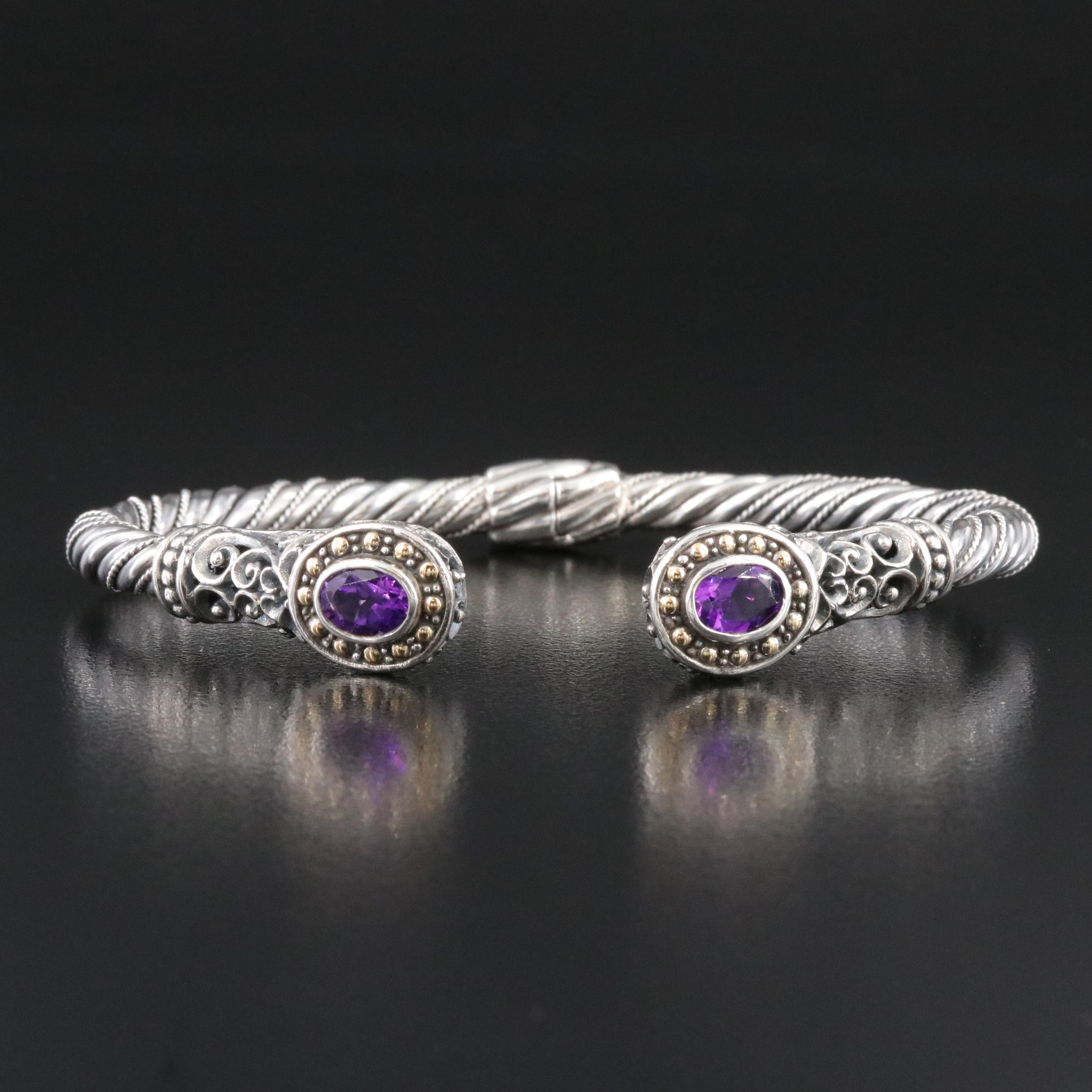 Robert Manse Sterling Amethyst Hinged Cuff Bracelet with 18K Accents