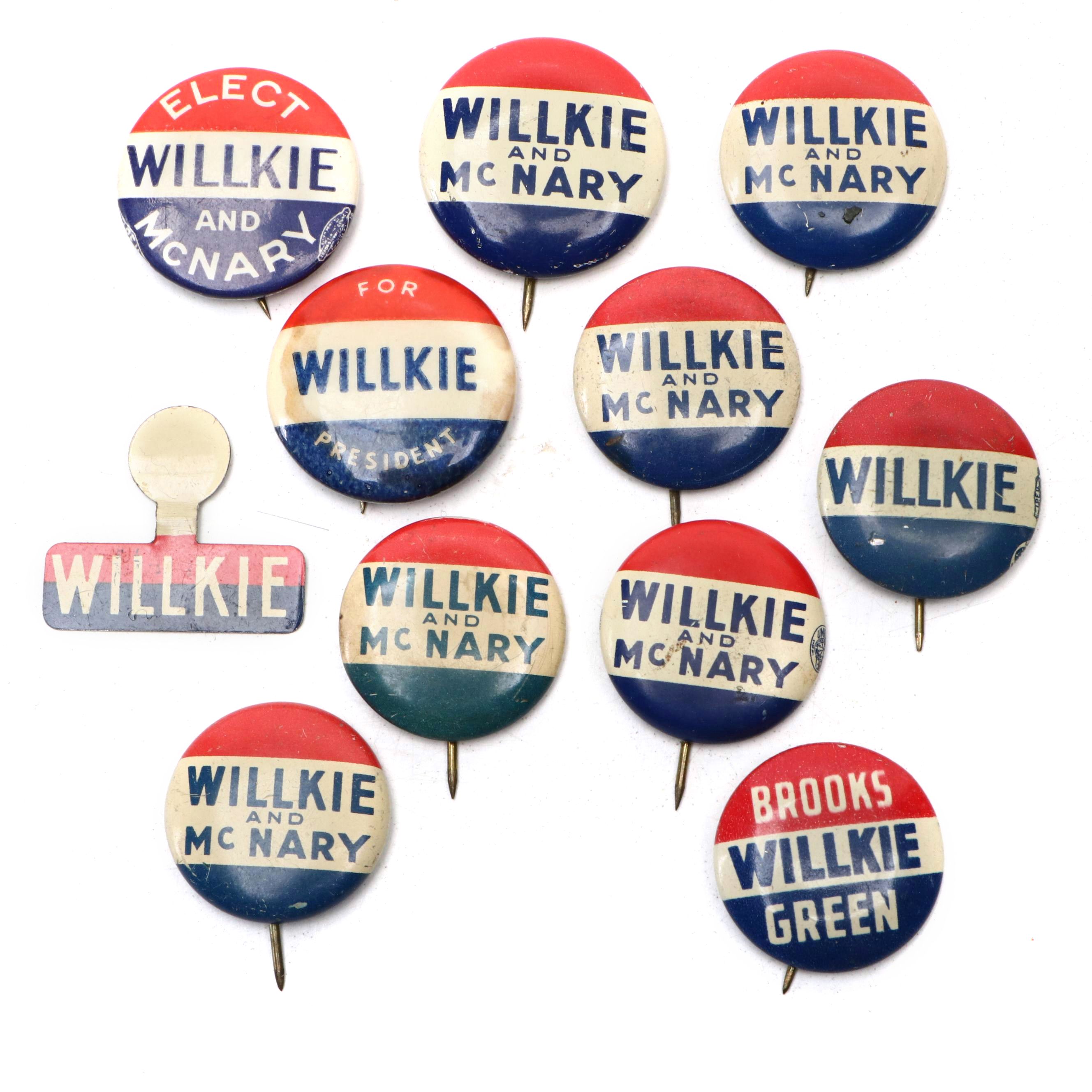 Wendell Willkie Political Campaign Buttons and Lapel Pin, 1940