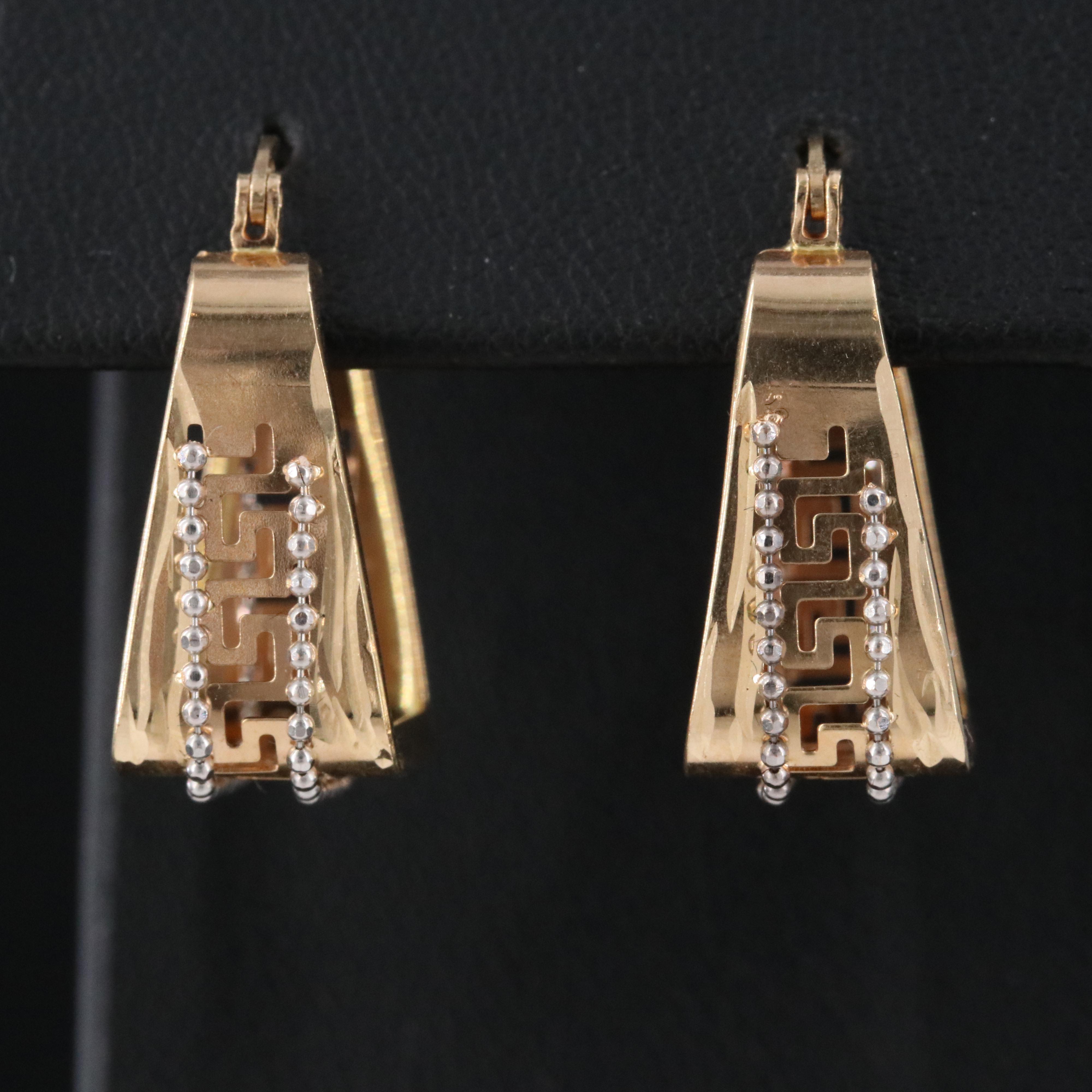 18K Two-Tone Greek Key Hoop Earrings