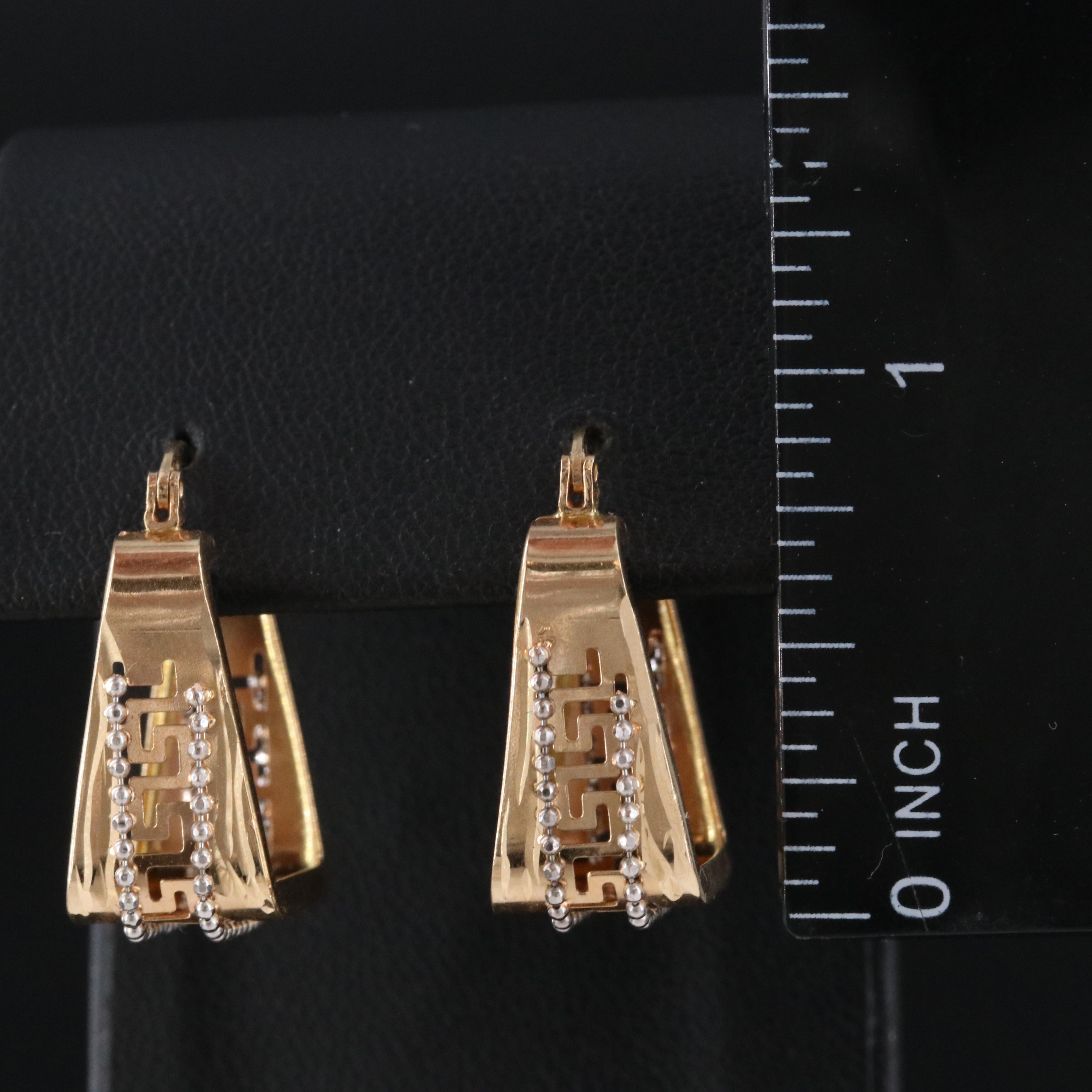 18K Two-Tone Greek Key Hoop Earrings