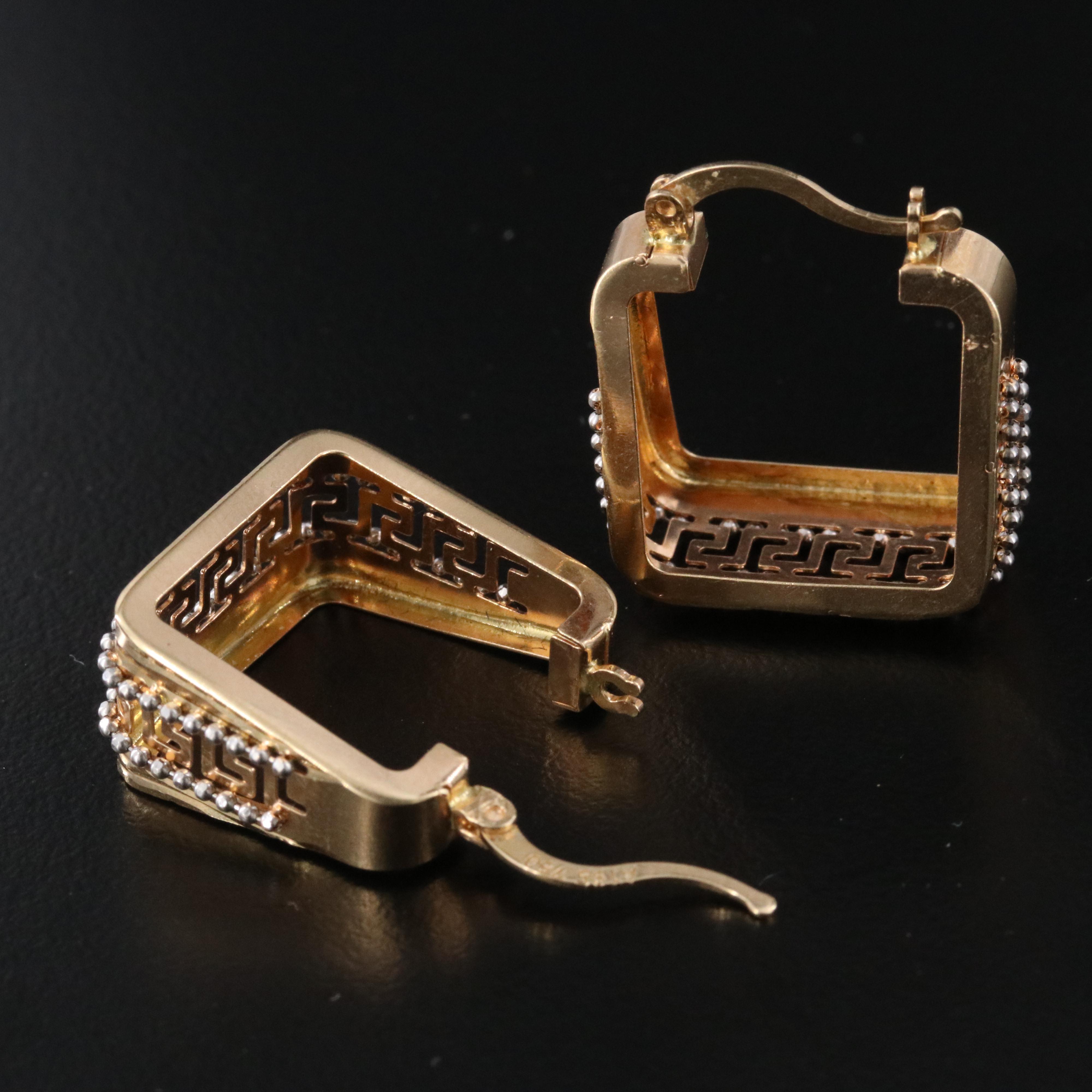 18K Two-Tone Greek Key Hoop Earrings