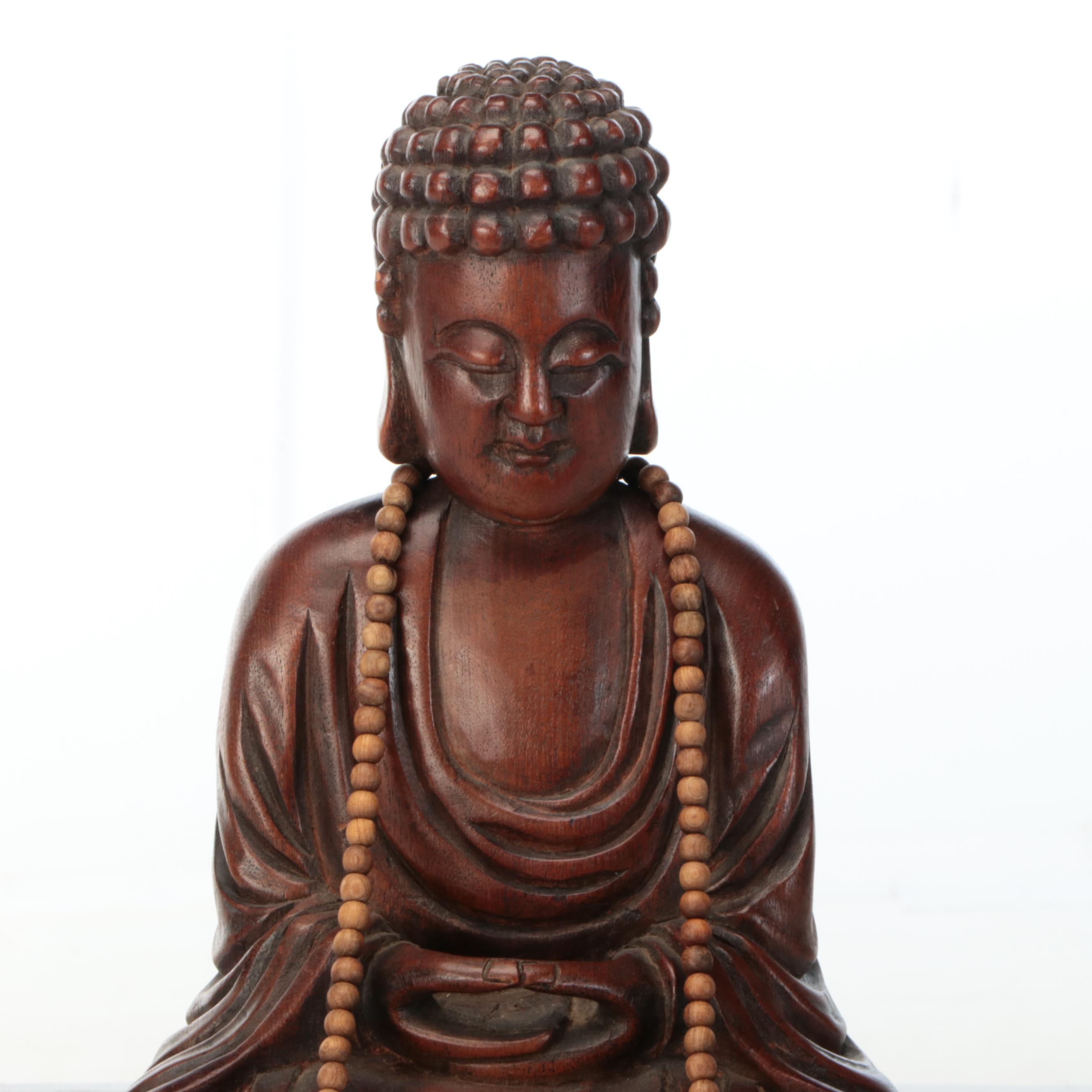 Carved Wood Buddha with Wood Bead Necklace and Stand