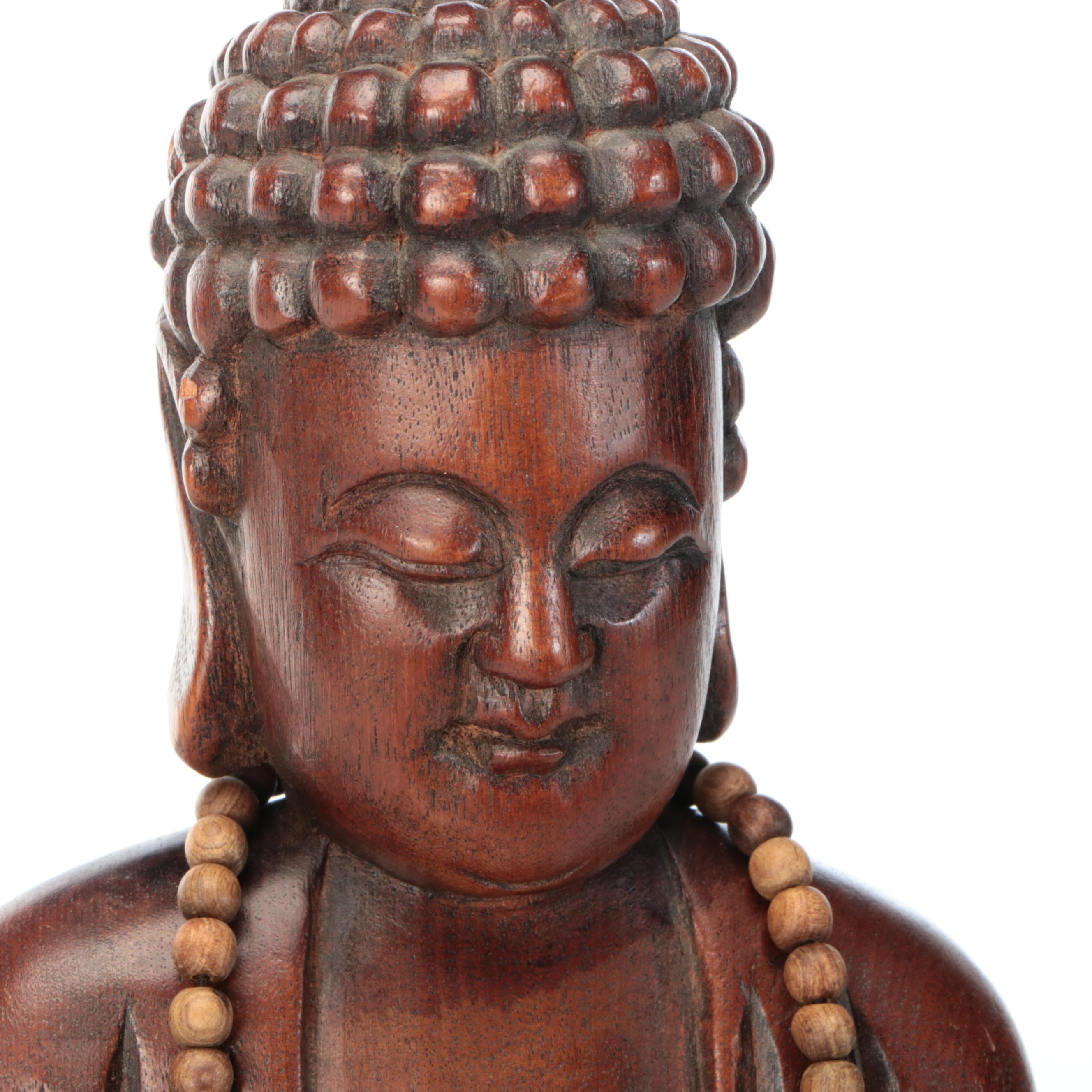 Carved Wood Buddha with Wood Bead Necklace and Stand