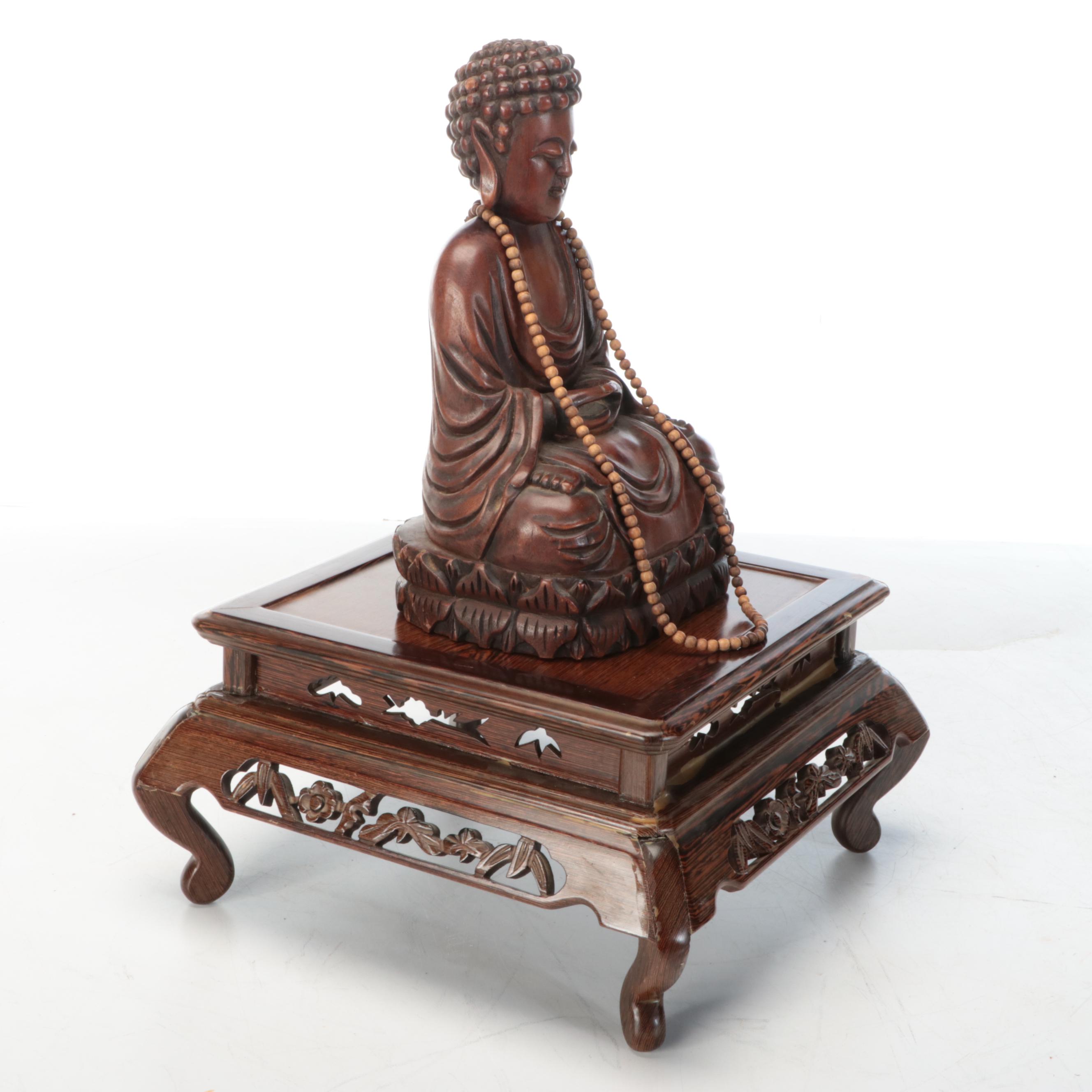Carved Wood Buddha with Wood Bead Necklace and Stand