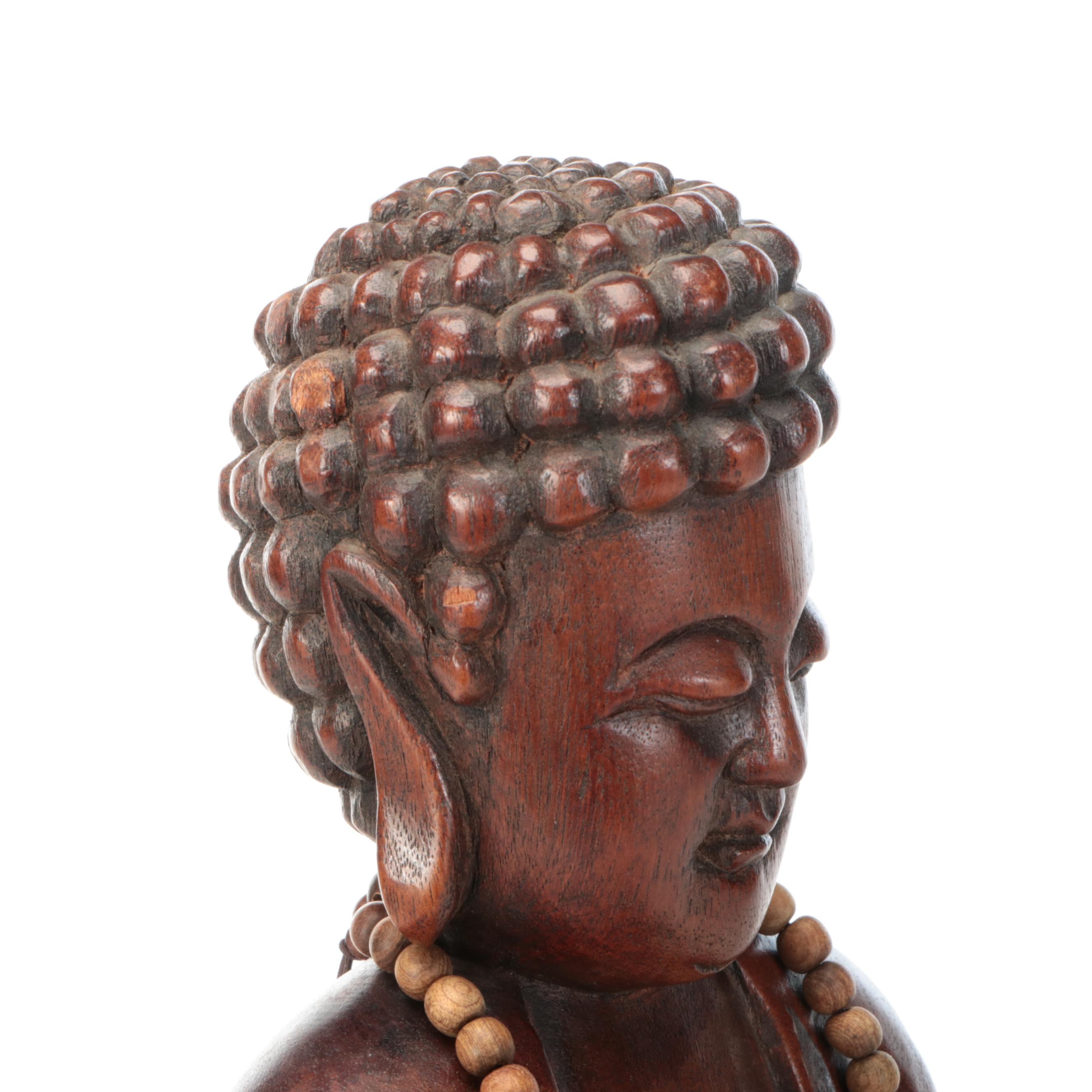 Carved Wood Buddha with Wood Bead Necklace and Stand