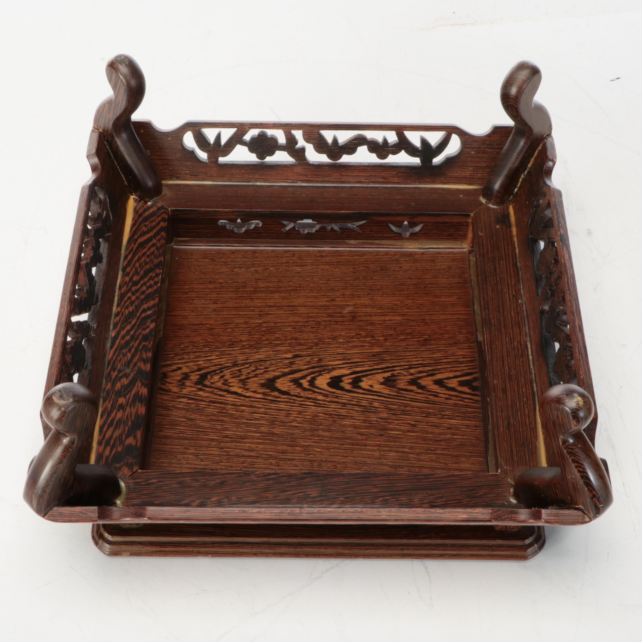 Carved Wood Buddha with Wood Bead Necklace and Stand