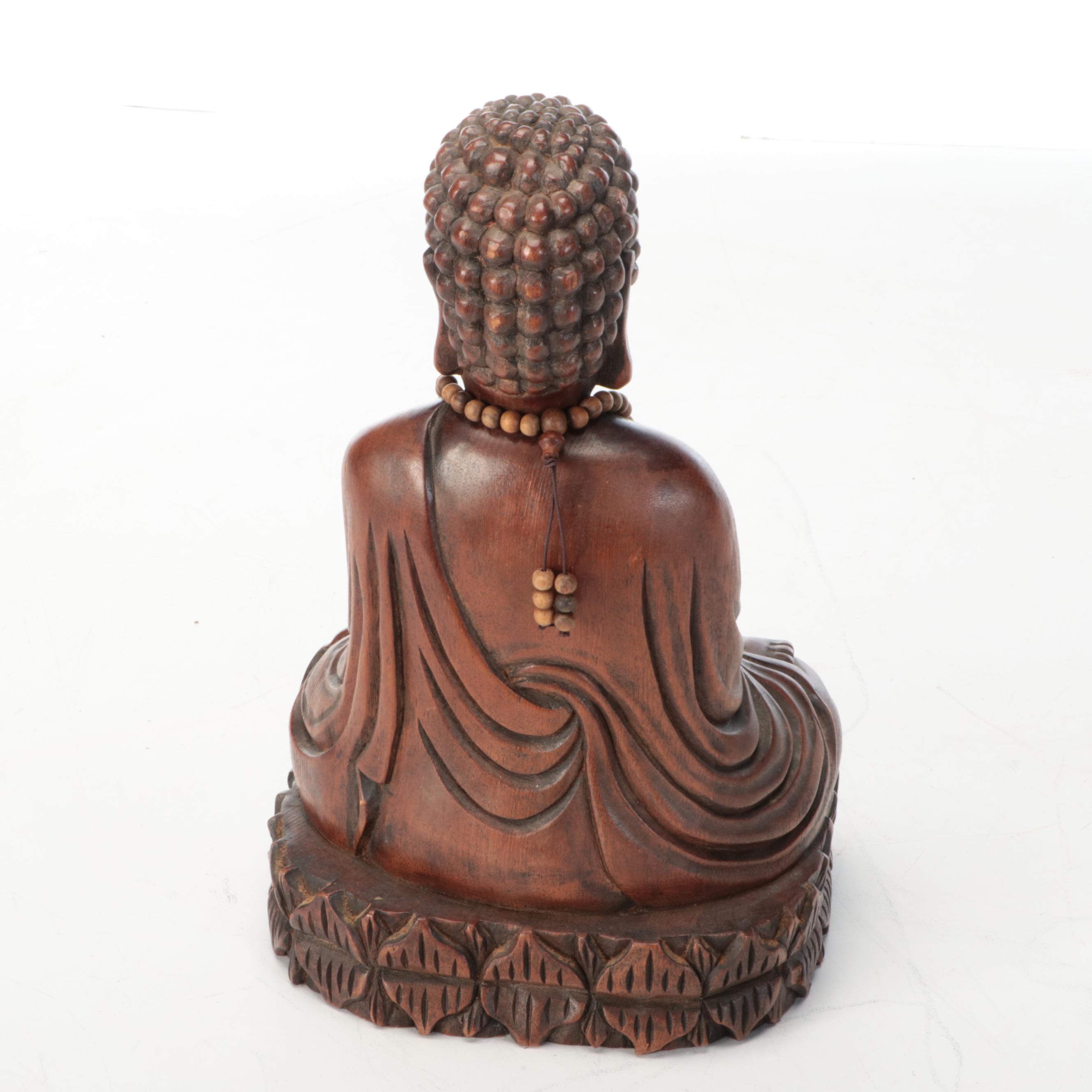 Carved Wood Buddha with Wood Bead Necklace and Stand