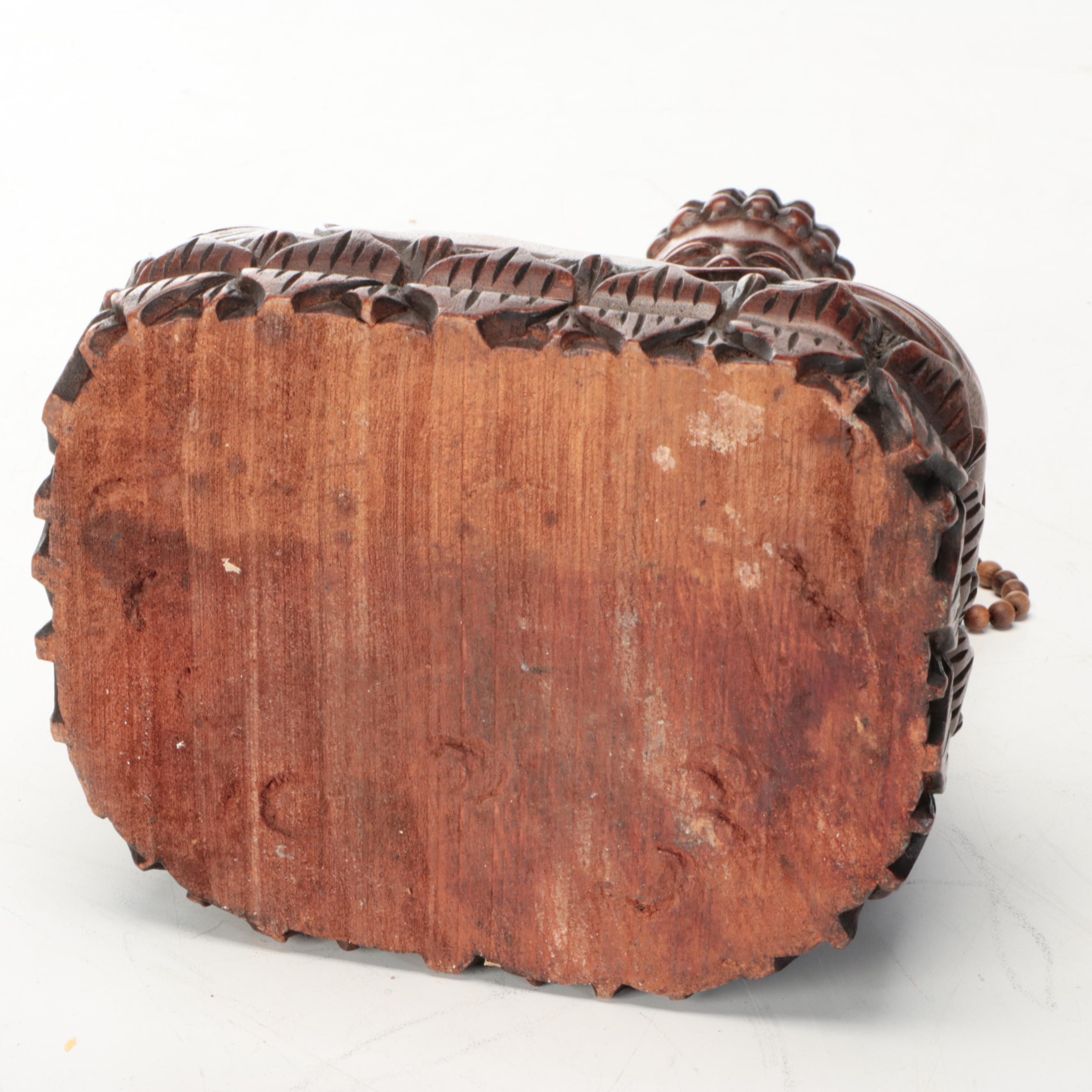 Carved Wood Buddha with Wood Bead Necklace and Stand