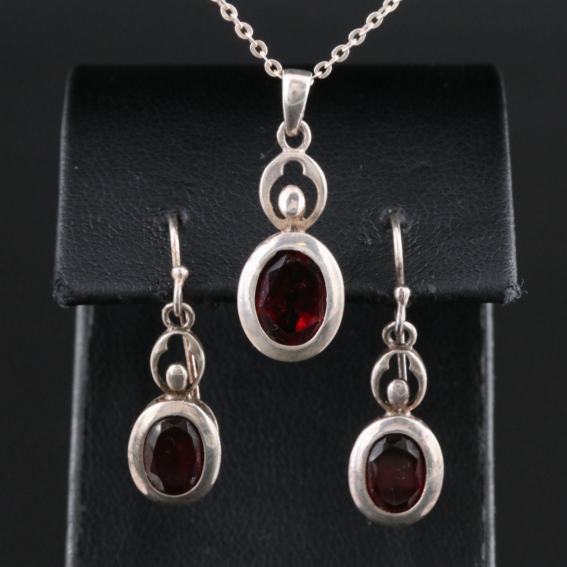 Sterling Garnet Earrings and Pendant Necklace