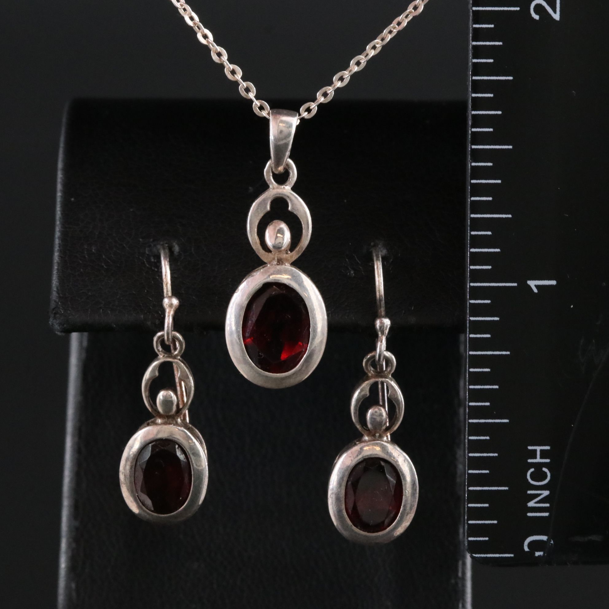 Sterling Garnet Earrings and Pendant Necklace