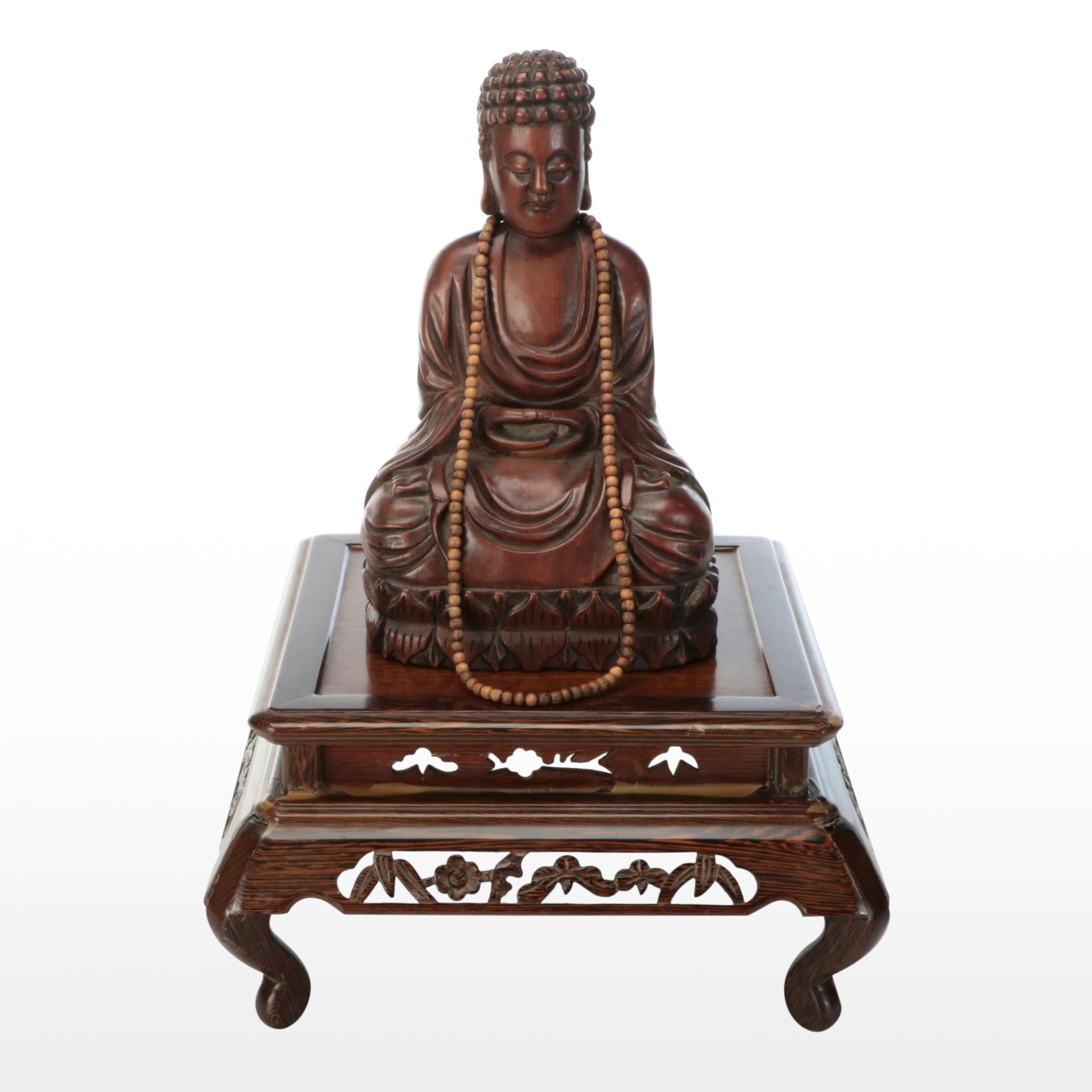 Carved Wood Buddha with Wood Bead Necklace and Stand