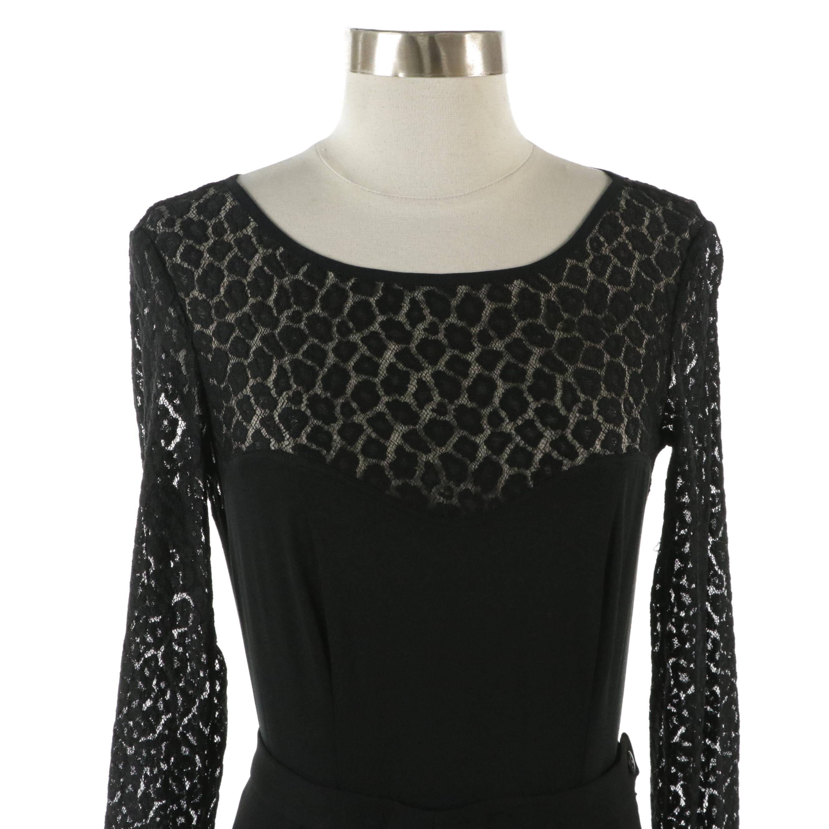 Escada Black Stretch Lace-Trimmed Bodysuit and Black Wool Blend Skirt with Tags