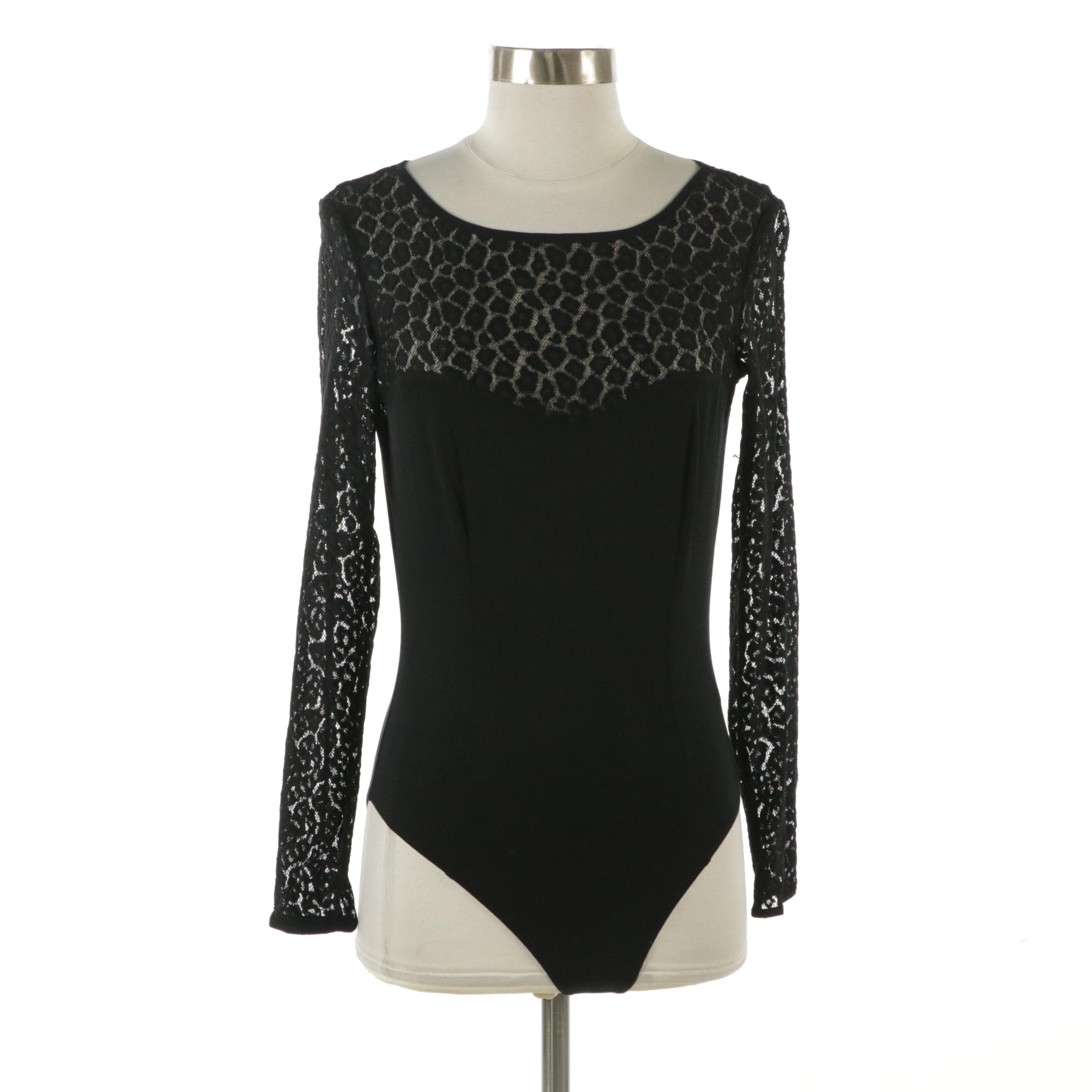 Escada Black Stretch Lace-Trimmed Bodysuit and Black Wool Blend Skirt with Tags
