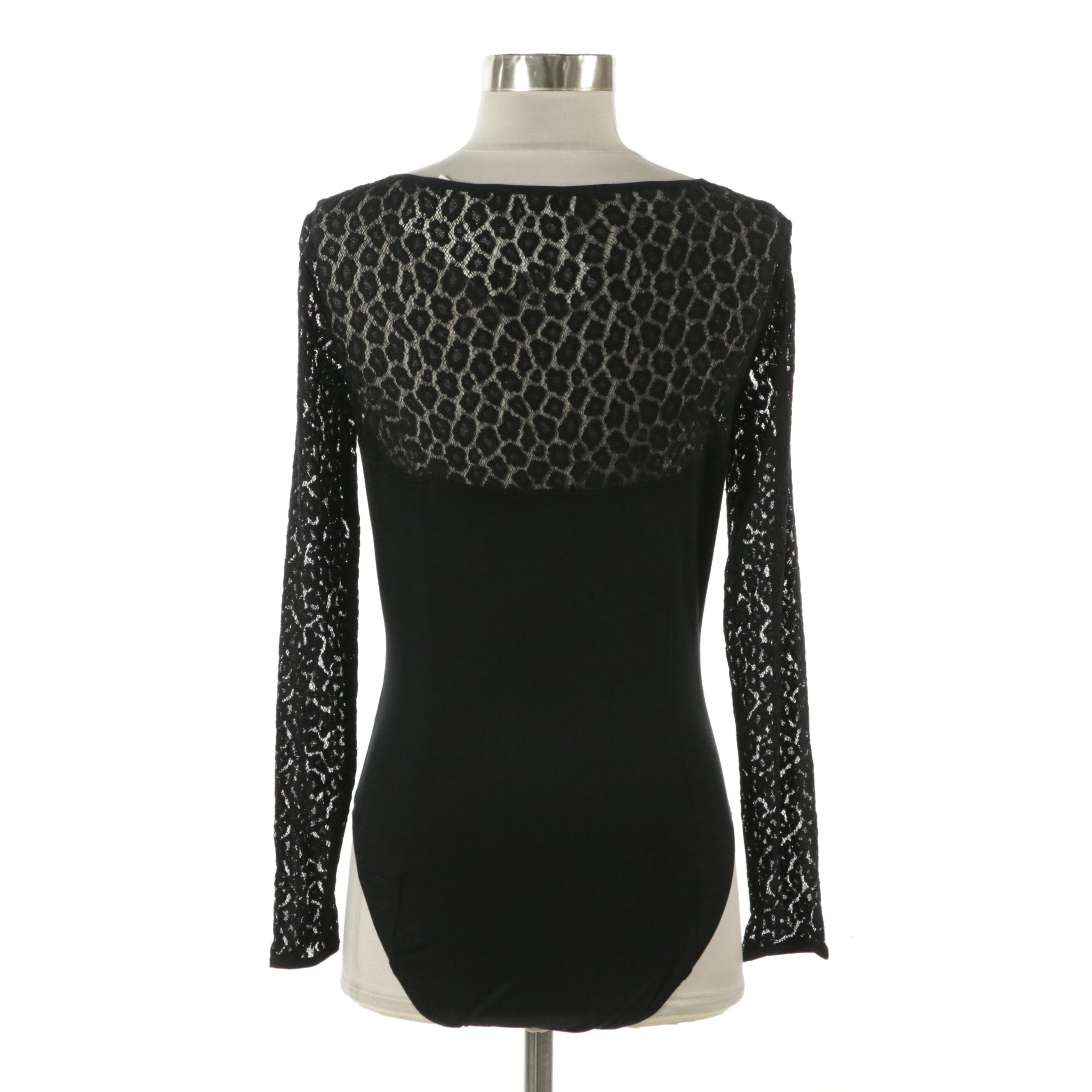 Escada Black Stretch Lace-Trimmed Bodysuit and Black Wool Blend Skirt with Tags