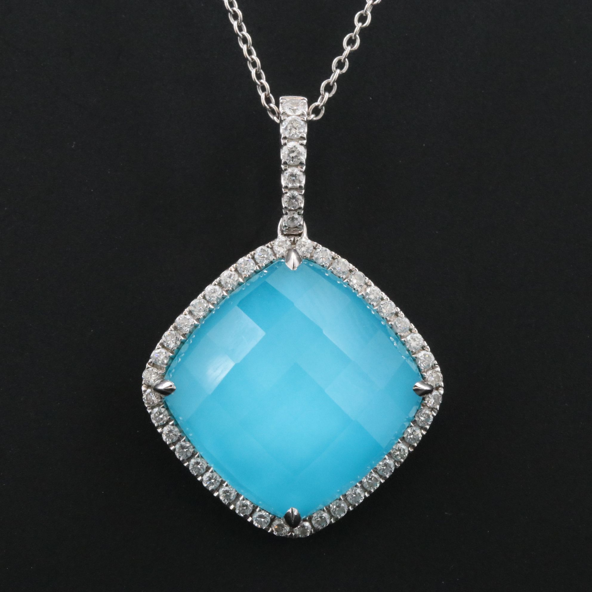 18K Topaz and Turquoise Doublet Pendant with Diamond Halo on 14K Necklace