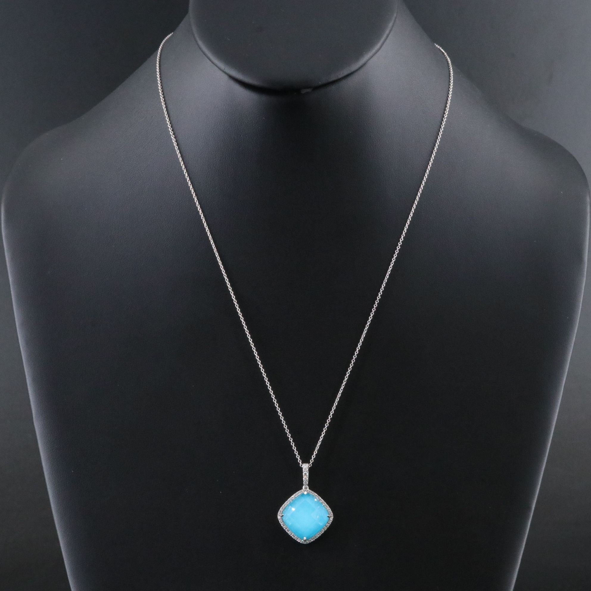 18K Topaz and Turquoise Doublet Pendant with Diamond Halo on 14K Necklace