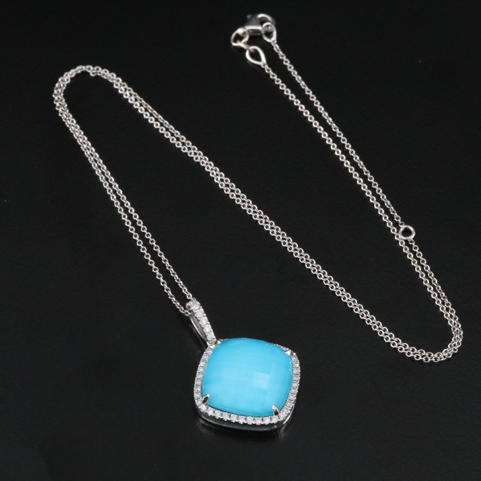 18K Topaz and Turquoise Doublet Pendant with Diamond Halo on 14K Necklace