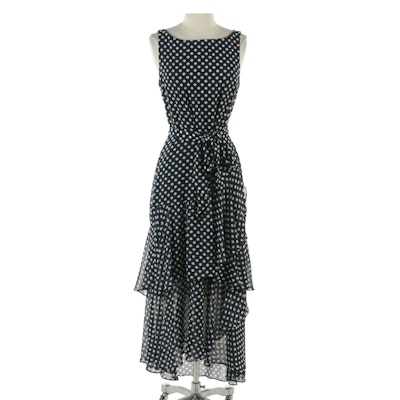 Karl Lagerfeld Polka Dot Tiered Sleeveless Dress with Tie Sash in Navy/White Karl Lagerfeld Polka Dot Tiered Sleeveless Dress with Tie Sash in Navy/White