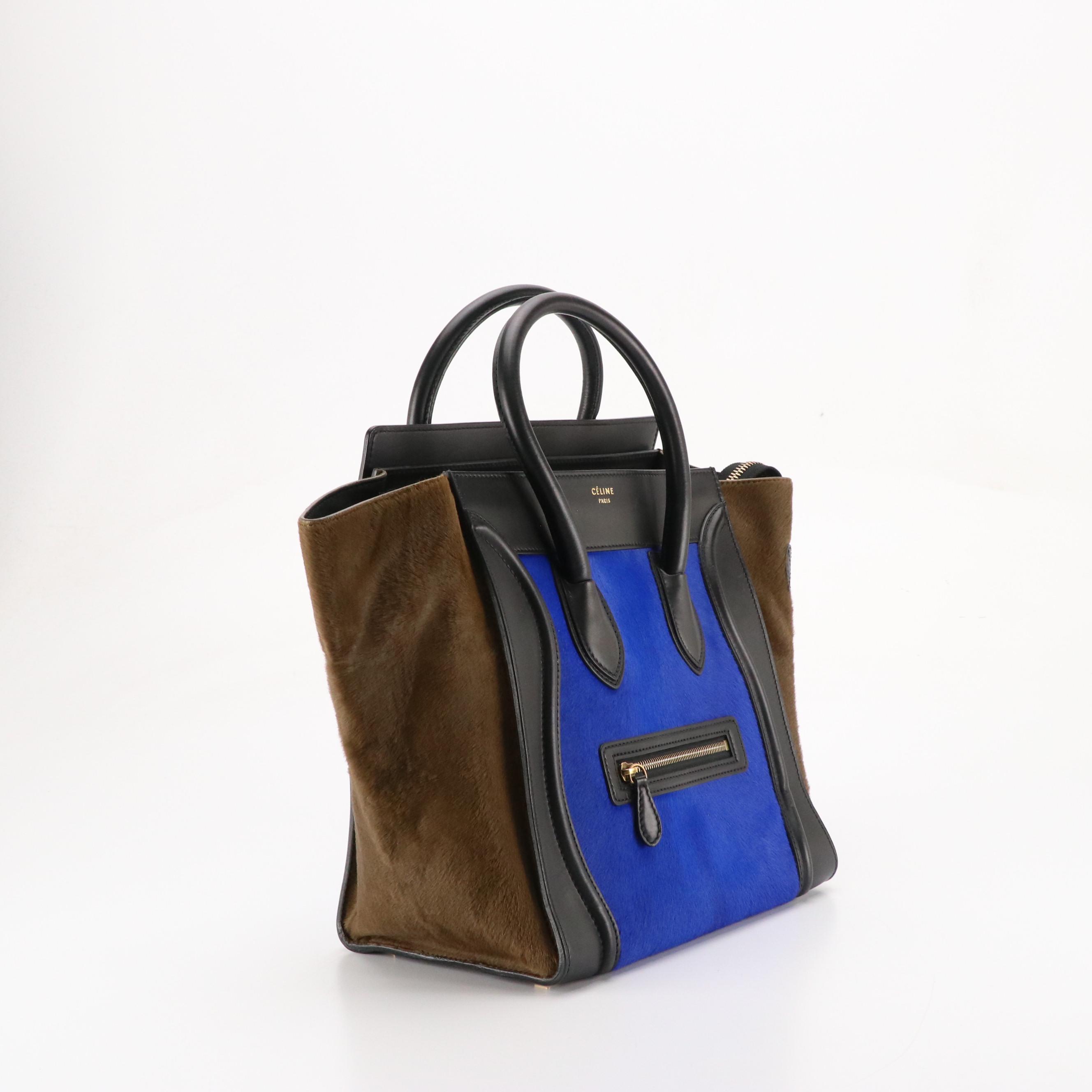 Céline Blue and Brown Pony Hair and Black Calfskin Leather Mini Luggage Tote