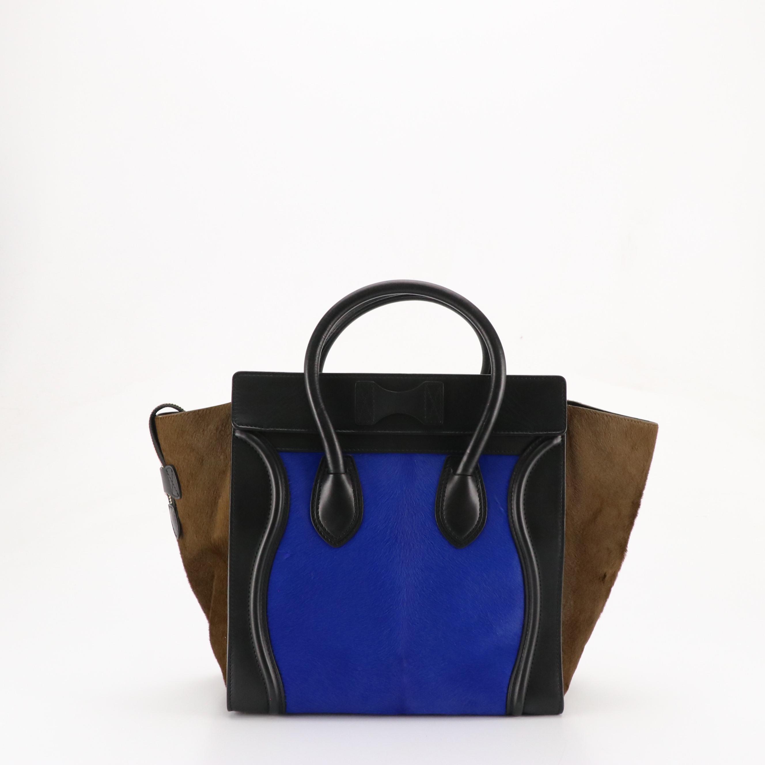 Céline Blue and Brown Pony Hair and Black Calfskin Leather Mini Luggage Tote