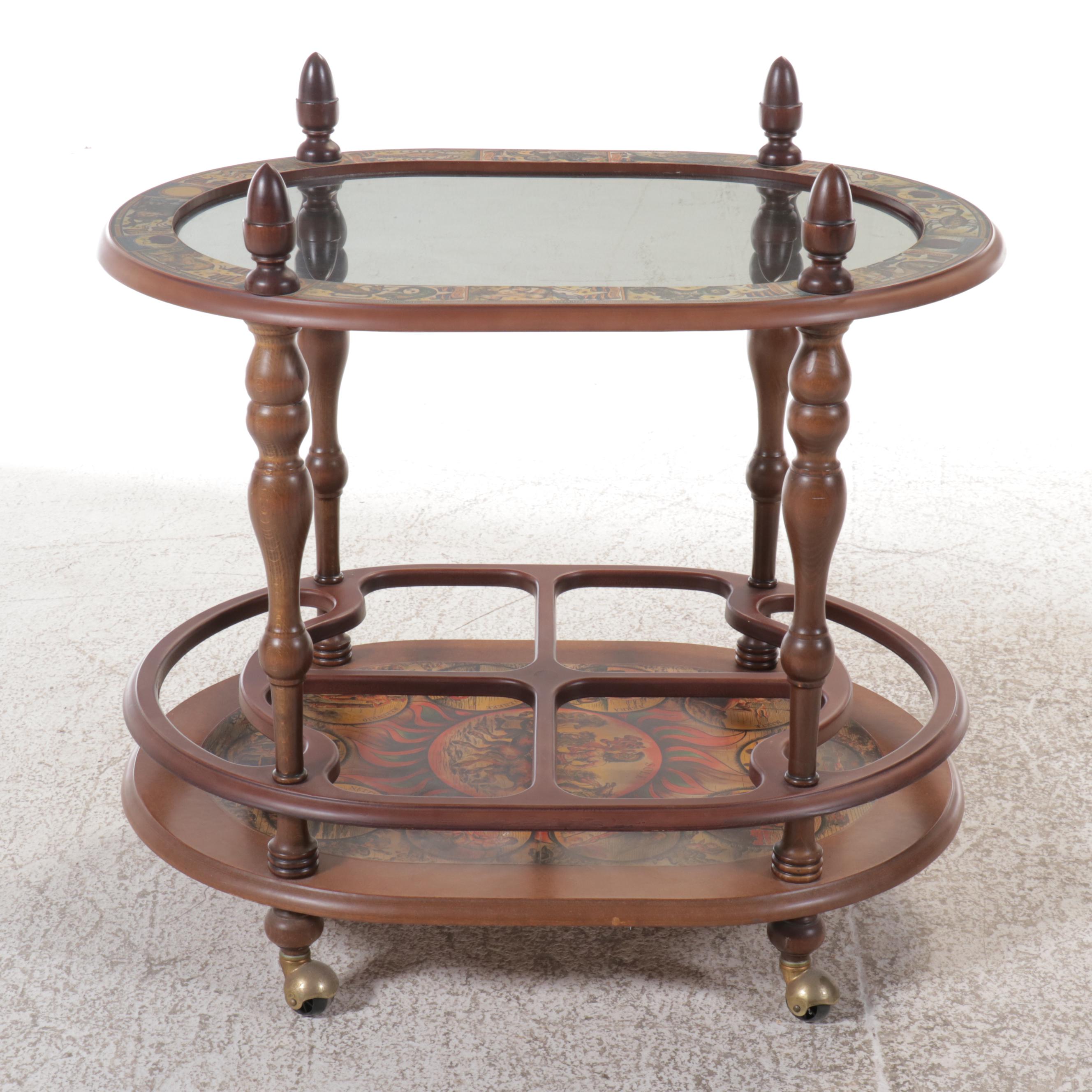 Zodiac Decoupage and Mahogany Finish Two-Tiered Bar Cart