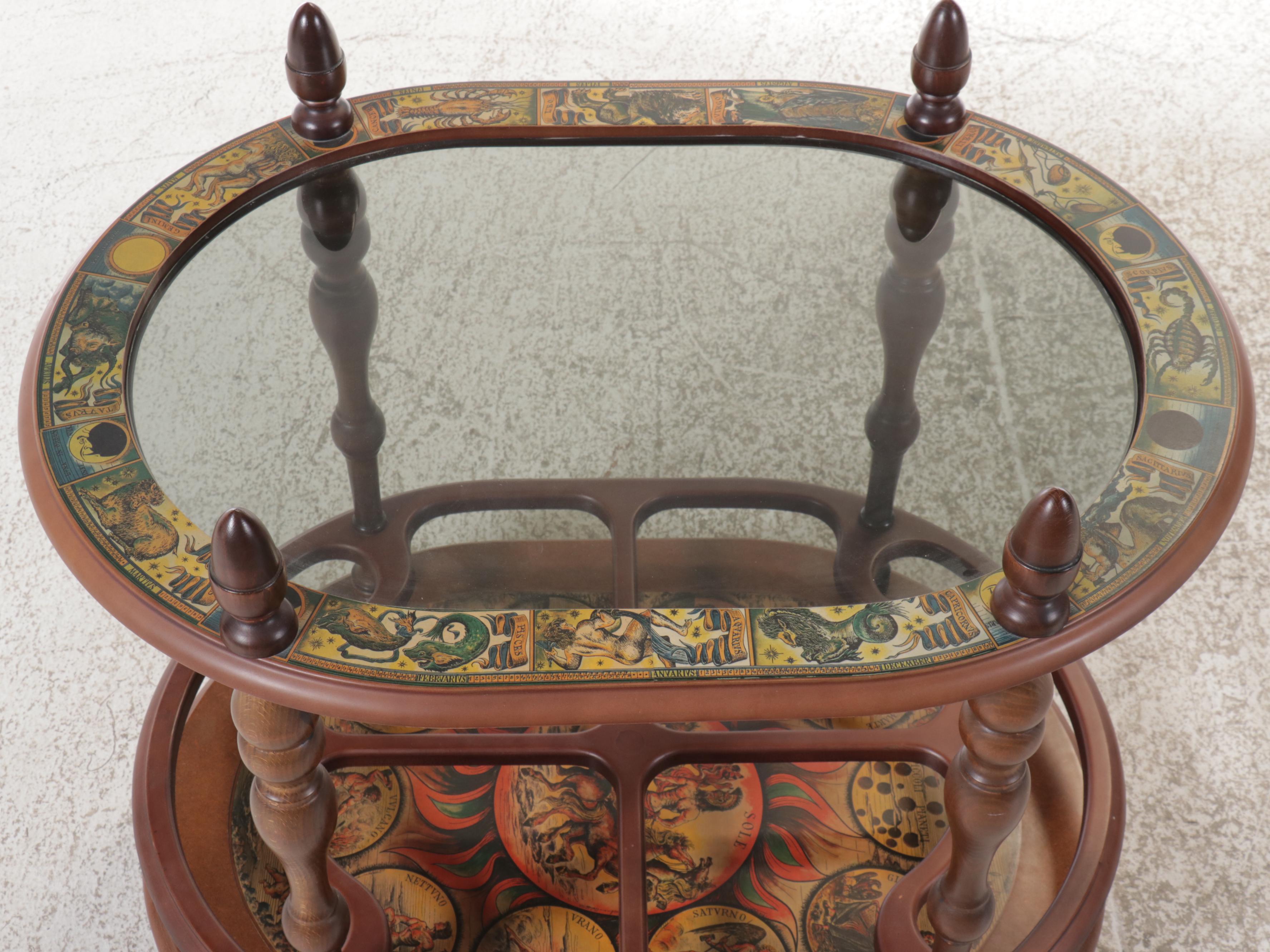 Zodiac Decoupage and Mahogany Finish Two-Tiered Bar Cart
