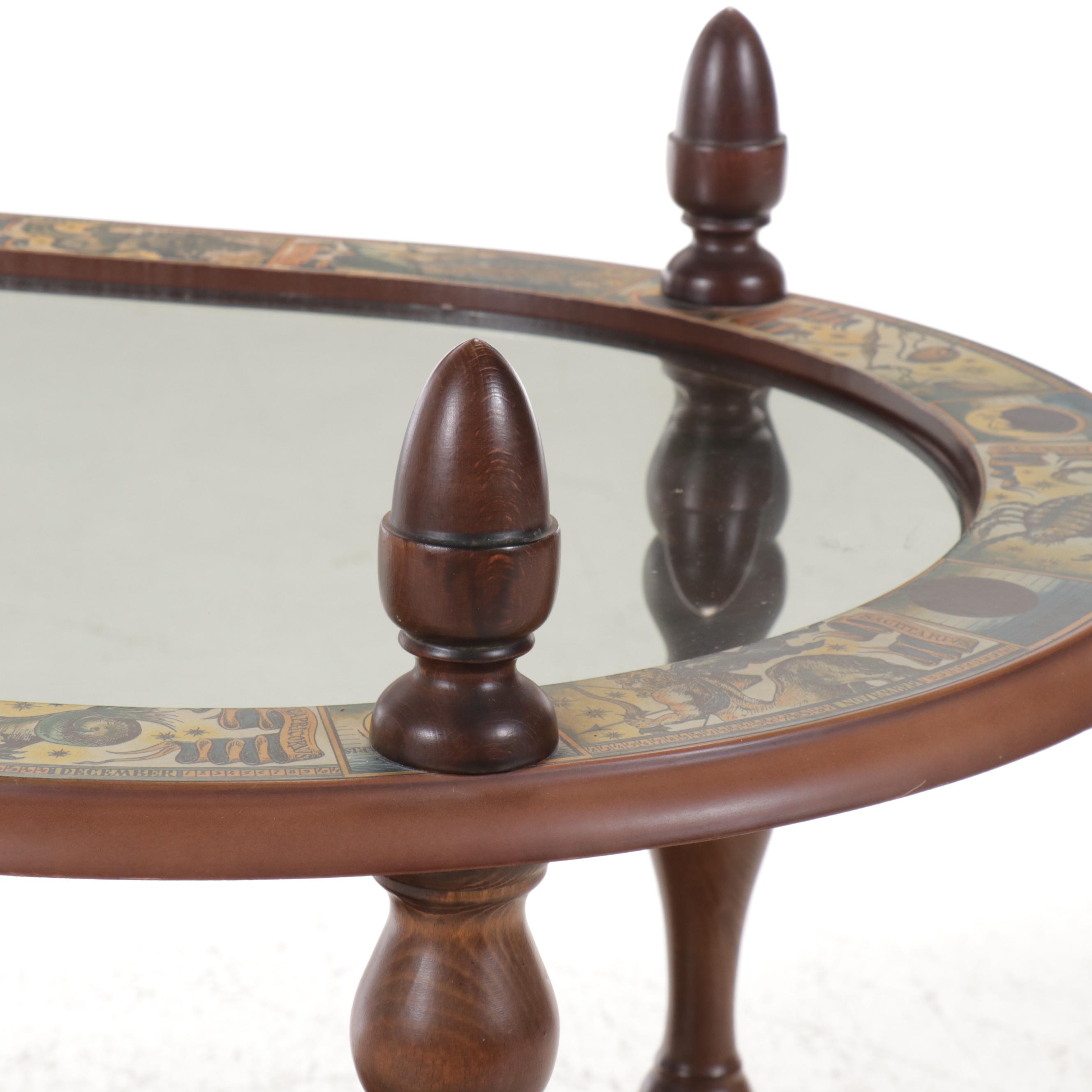 Zodiac Decoupage and Mahogany Finish Two-Tiered Bar Cart