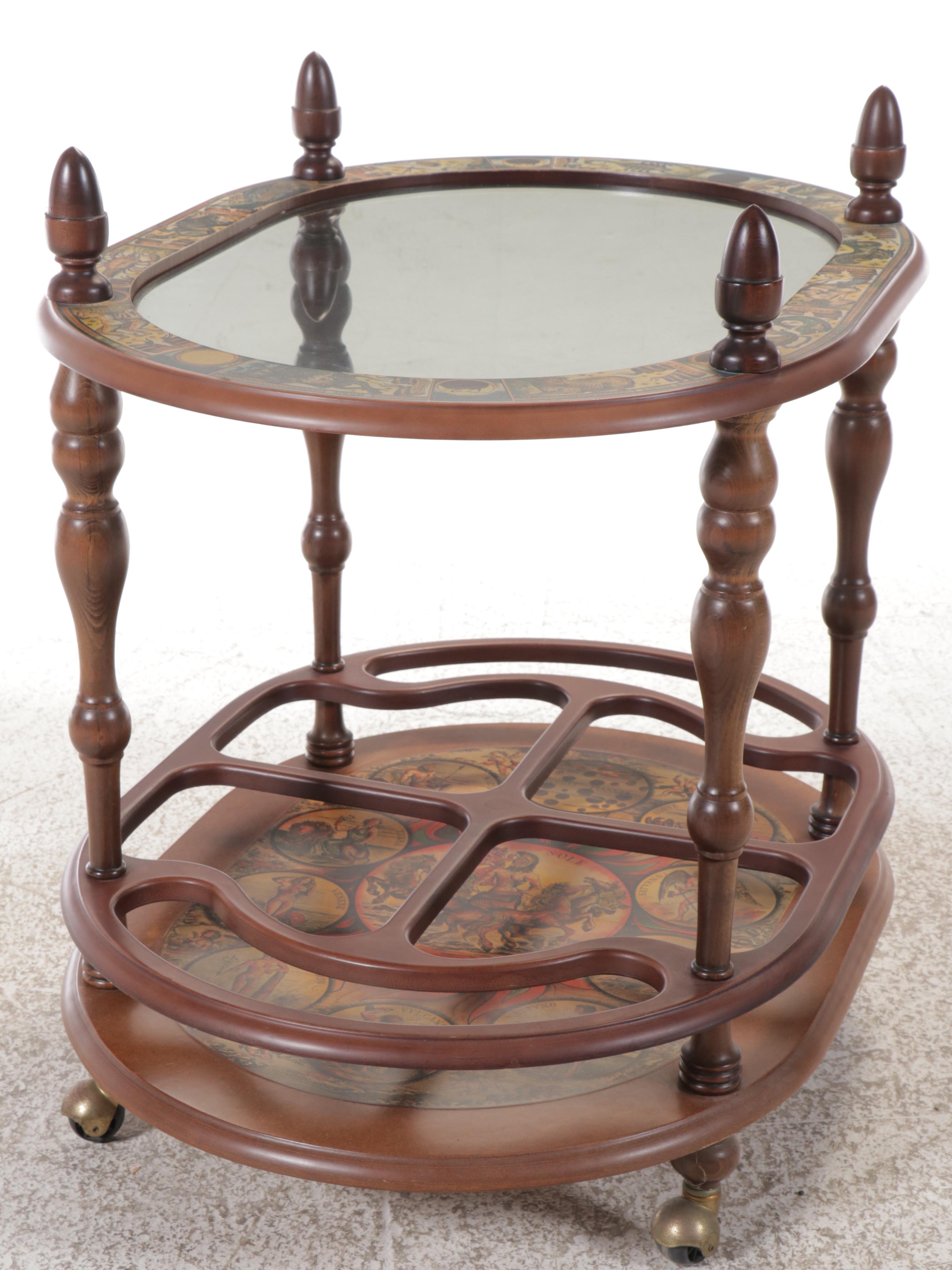 Zodiac Decoupage and Mahogany Finish Two-Tiered Bar Cart