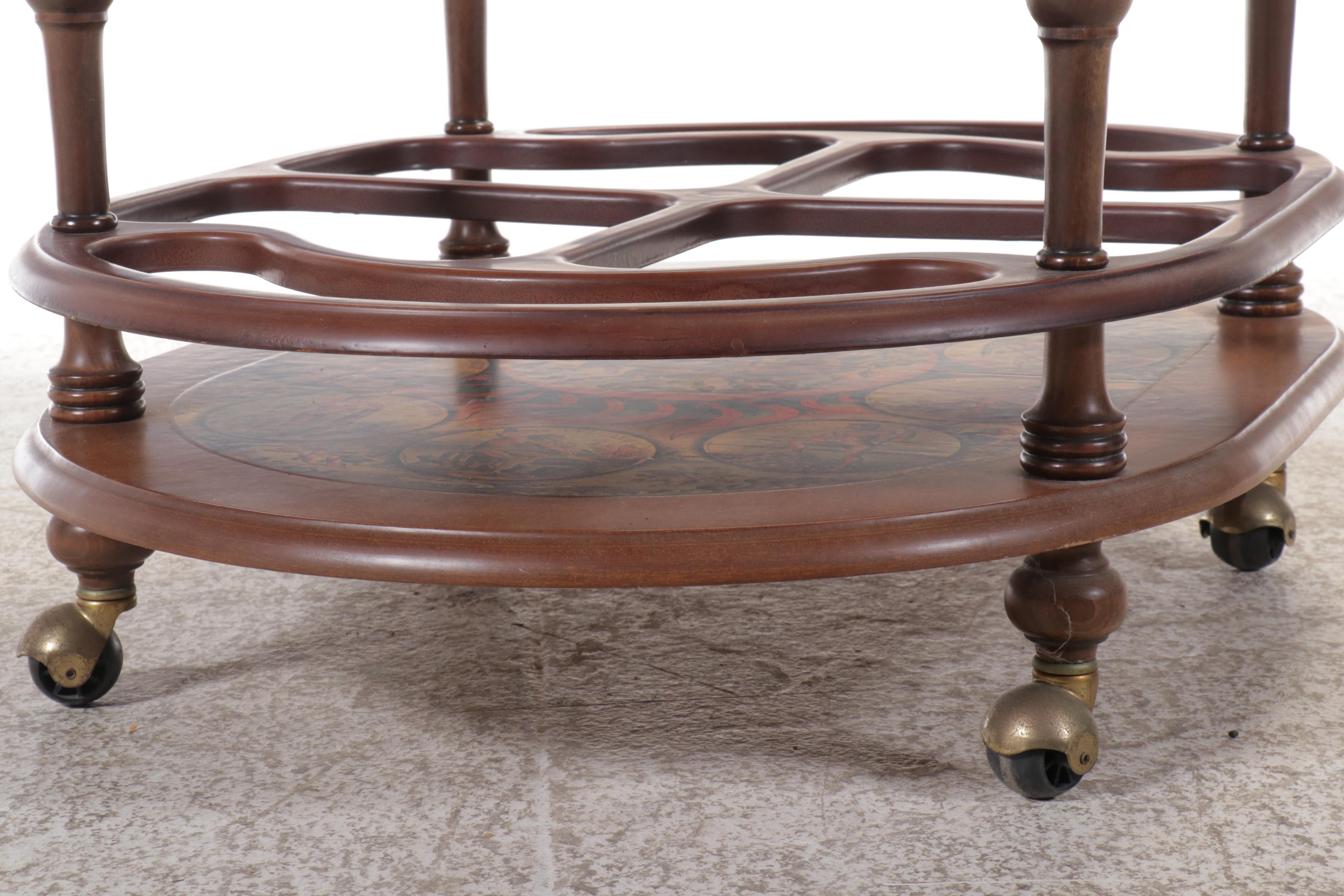 Zodiac Decoupage and Mahogany Finish Two-Tiered Bar Cart