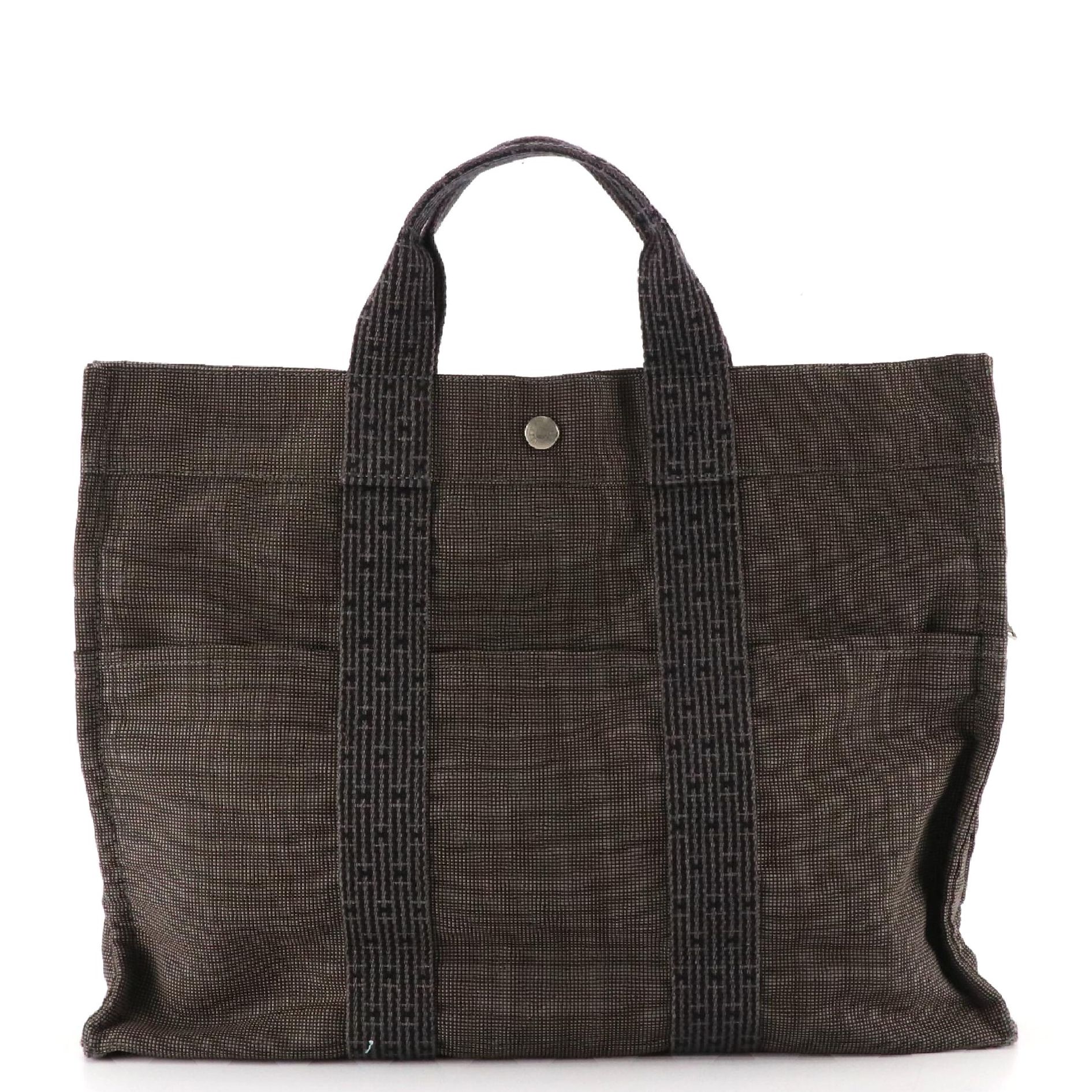 Hermès Toile Canvas Herline MM Tote in Grey/Black