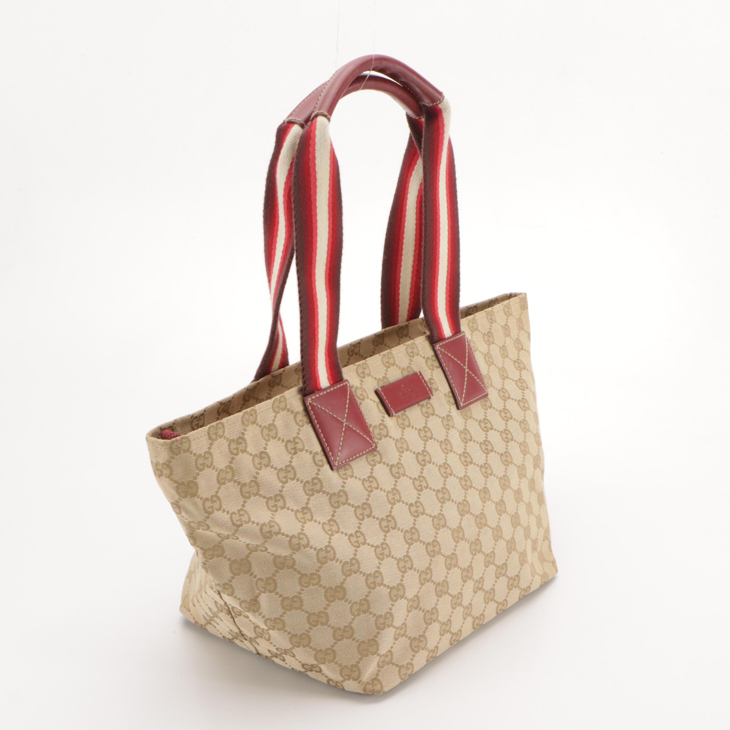 Gucci Web and Leather Strap Beige GG Canvas Shoulder Bag