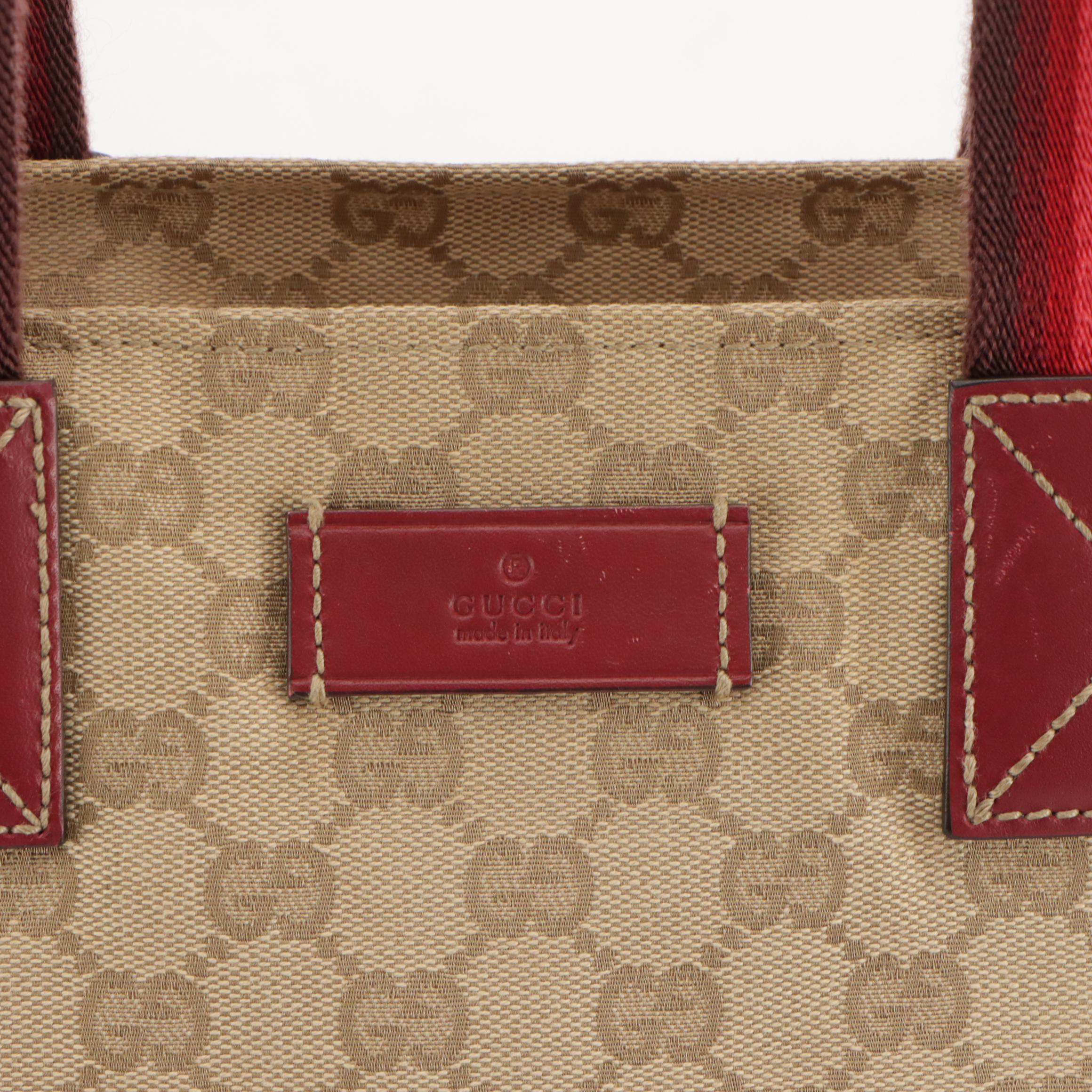 Gucci Web and Leather Strap Beige GG Canvas Shoulder Bag