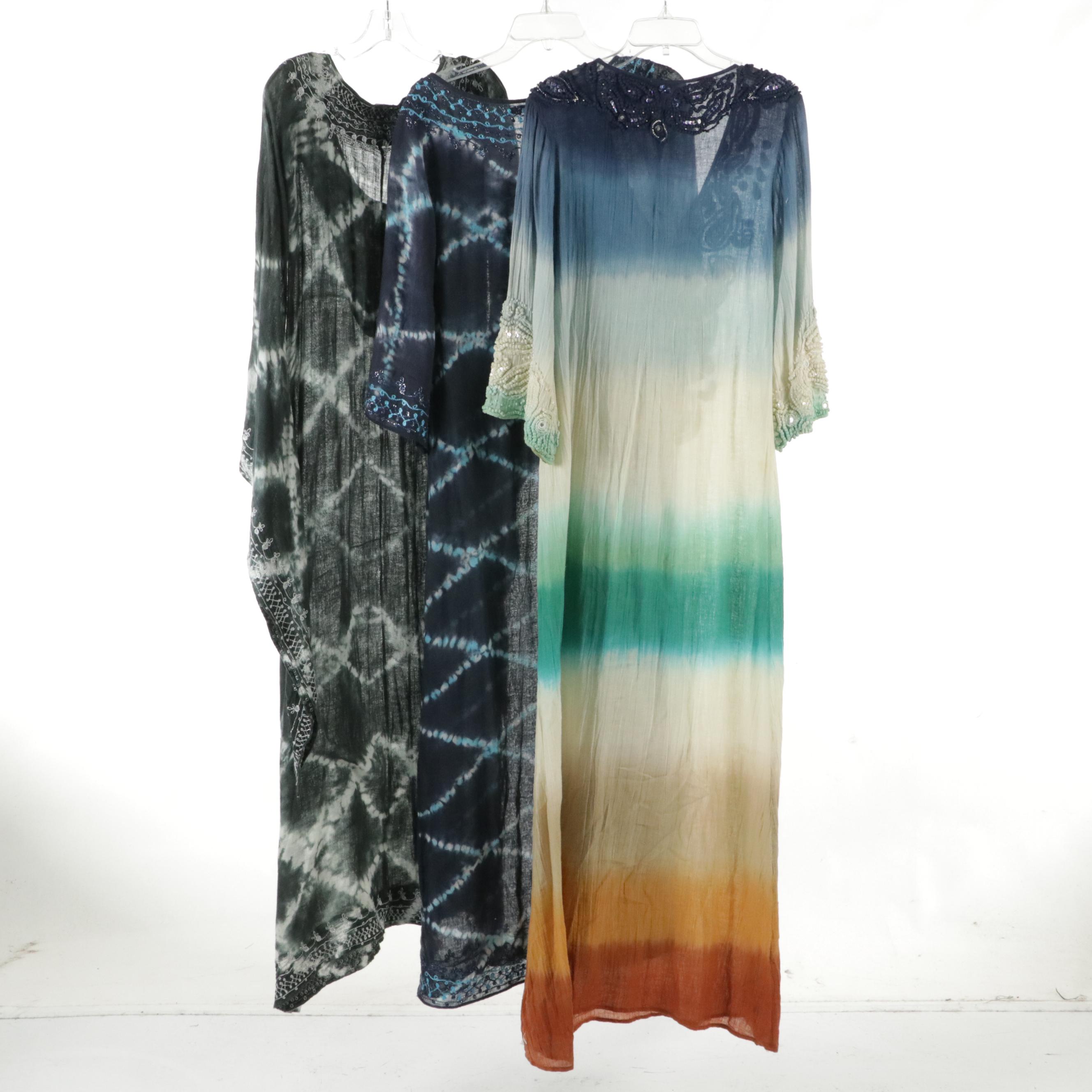 Calypso Kaftan Tunic Dresses in Tie Dyed Embroidered and Embellished Cotton