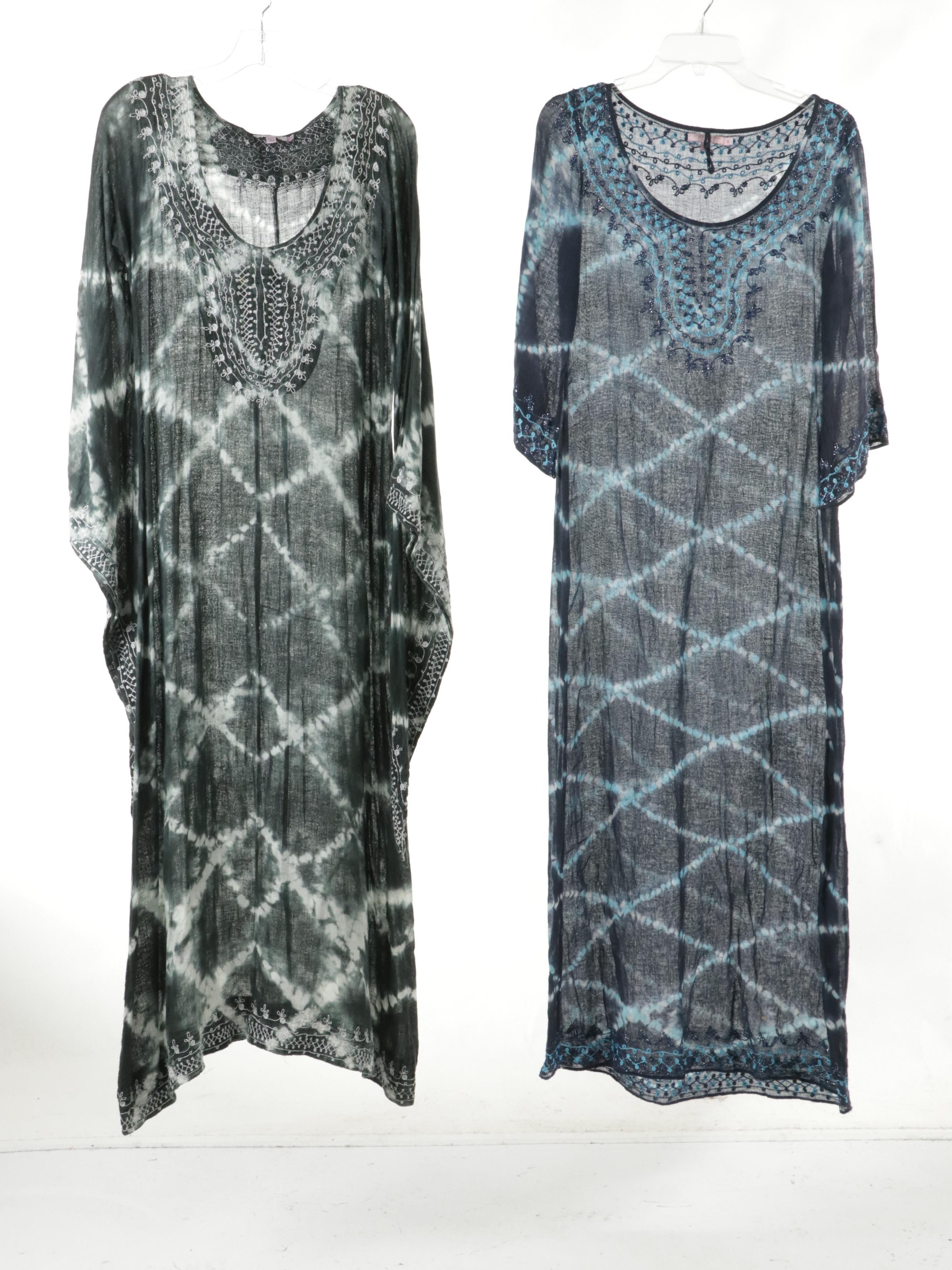 Calypso Kaftan Tunic Dresses in Tie Dyed Embroidered and Embellished Cotton