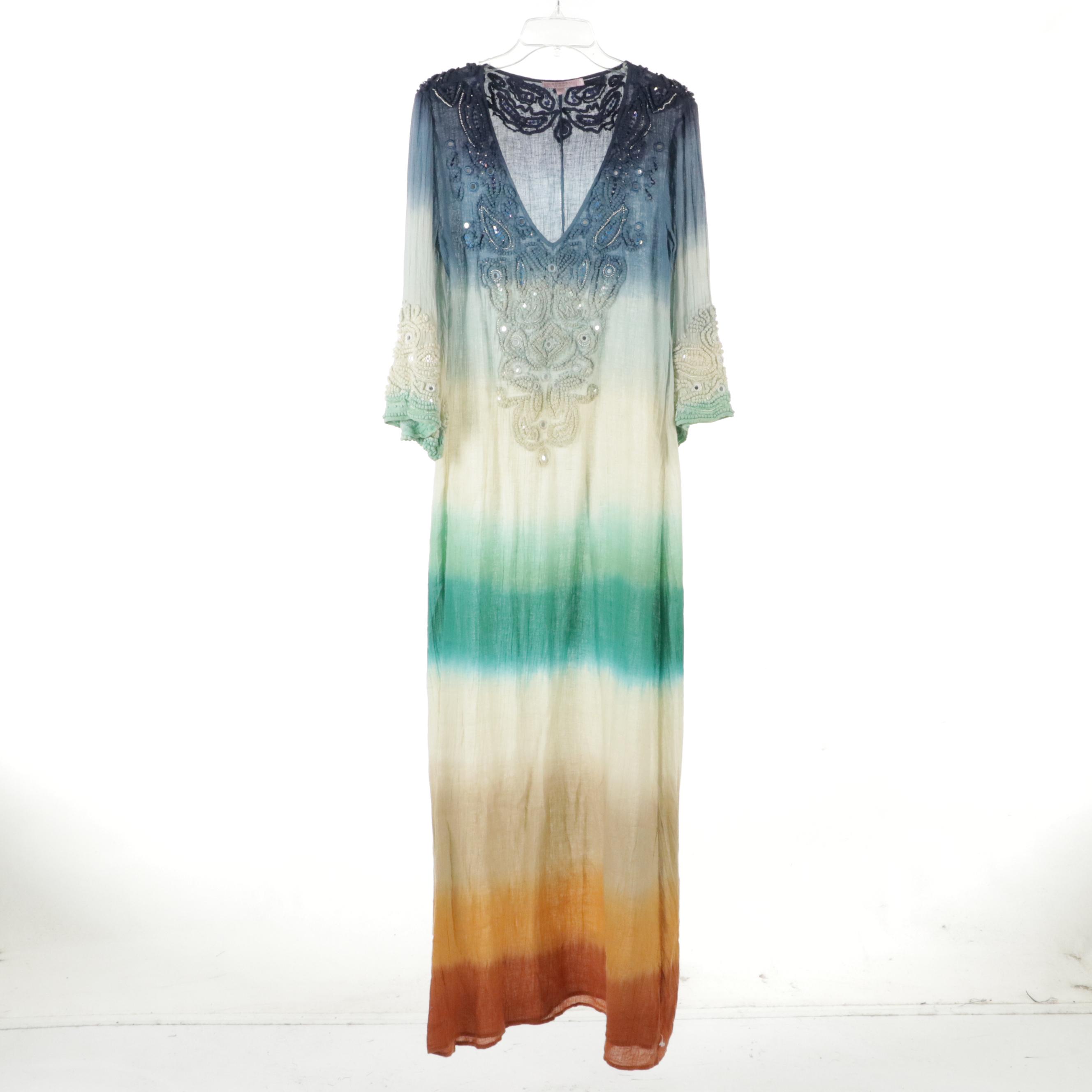 Calypso Kaftan Tunic Dresses in Tie Dyed Embroidered and Embellished Cotton