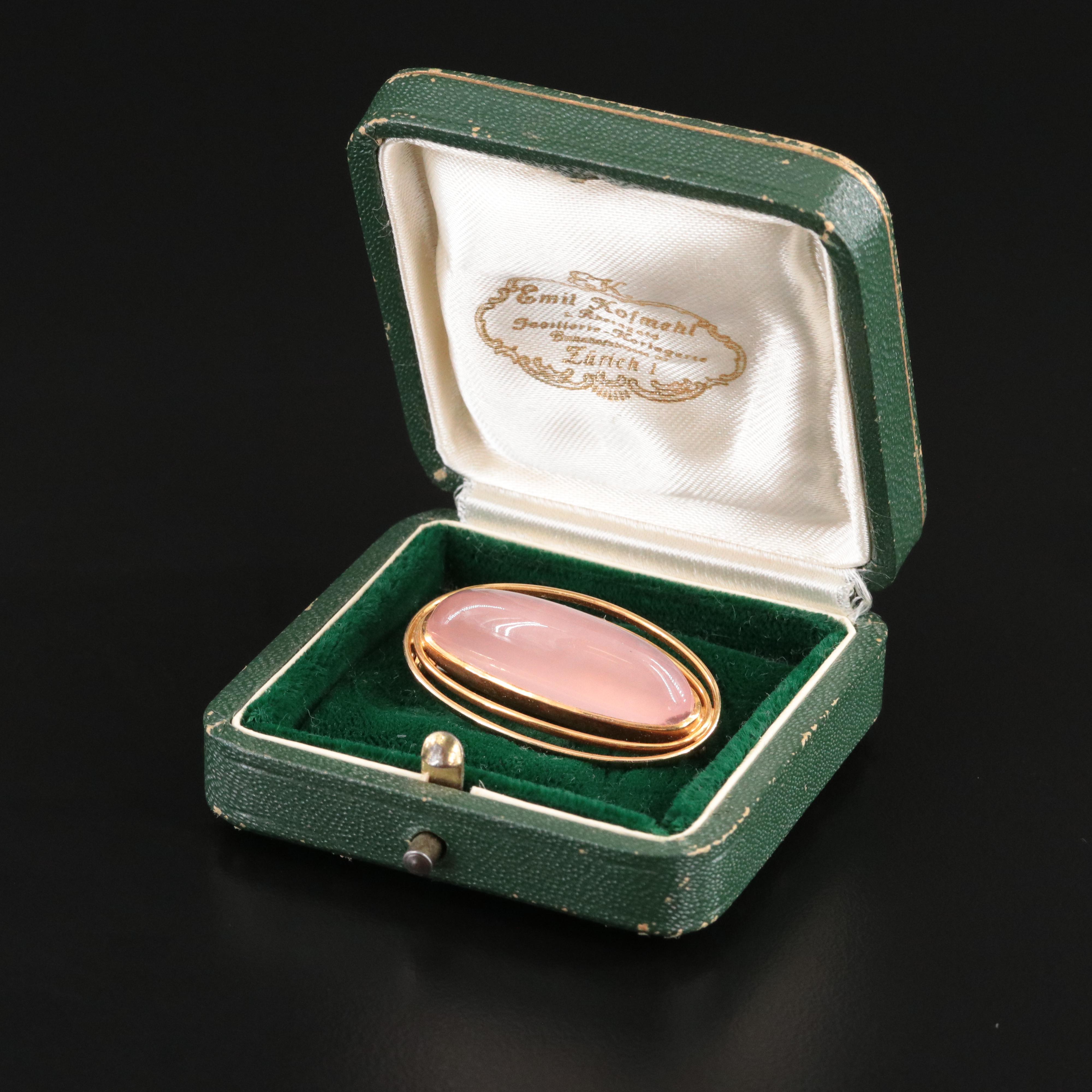 Vintage 18K Rose Quartz Oval Brooch