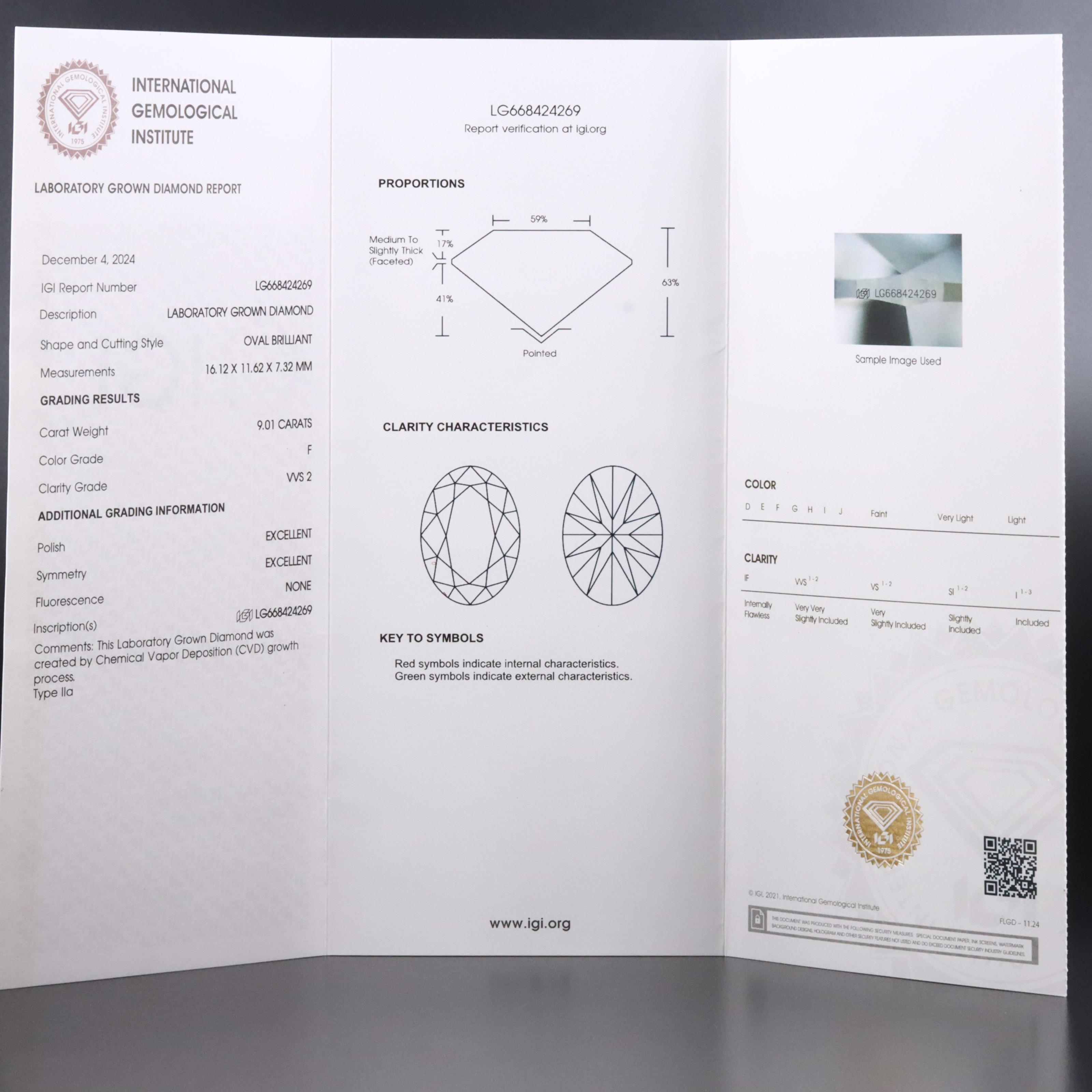 Loose 9.01 CT Lab Grown Diamond with IGI Report