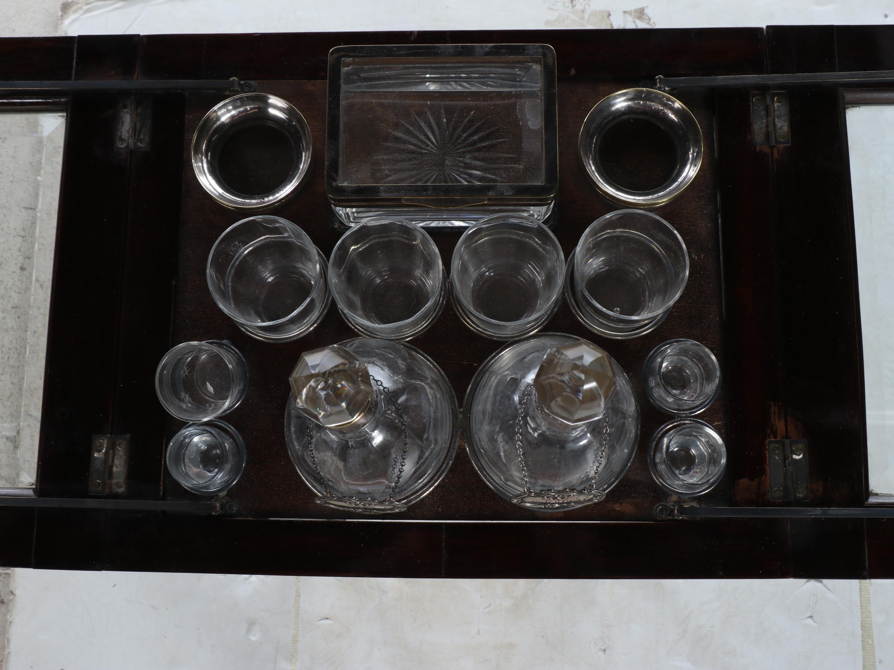 Art Deco Style Ebonized Wood and Glass Lift-Top Bar Cabinet with Barware