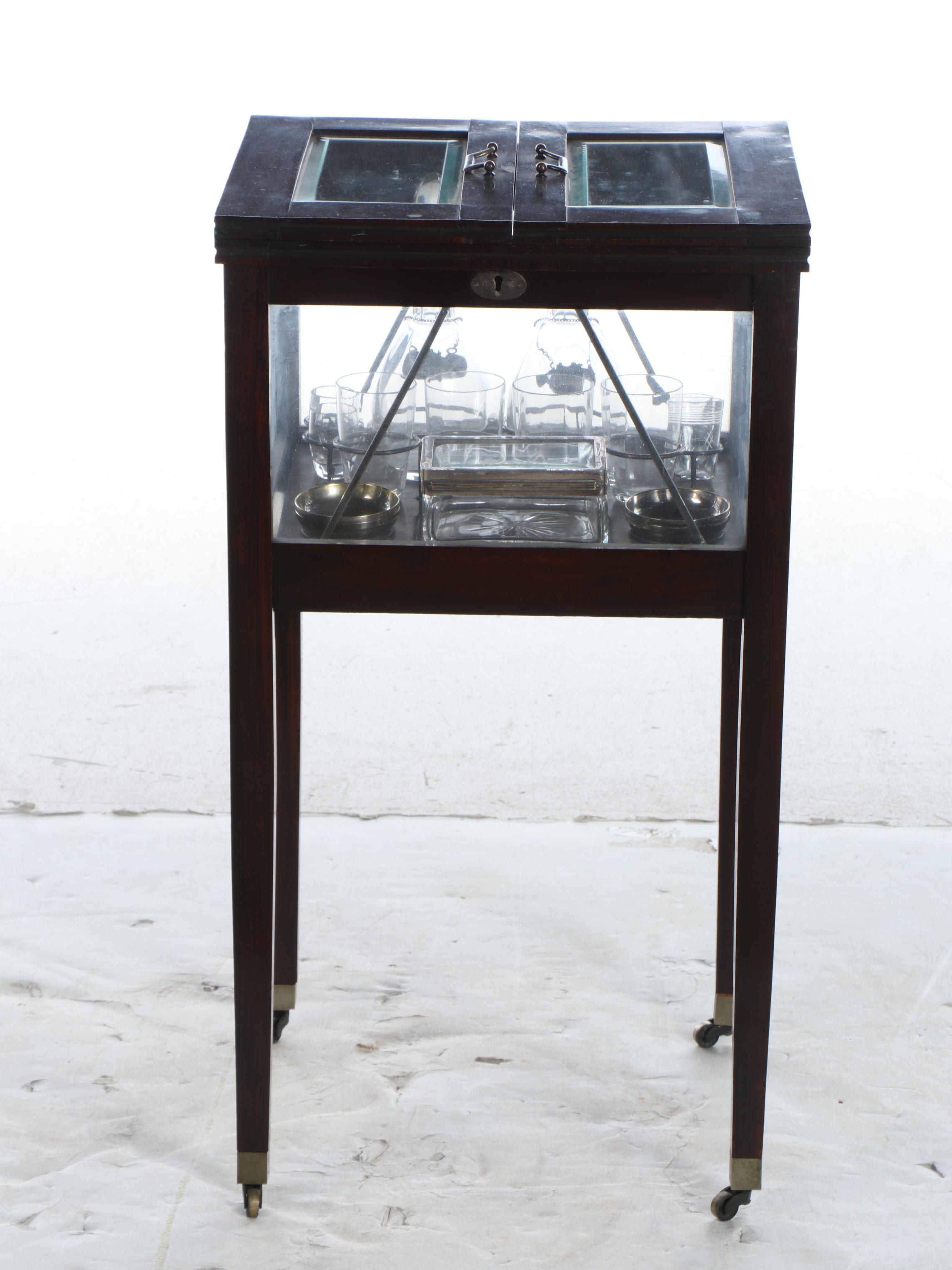 Art Deco Style Ebonized Wood and Glass Lift-Top Bar Cabinet with Barware