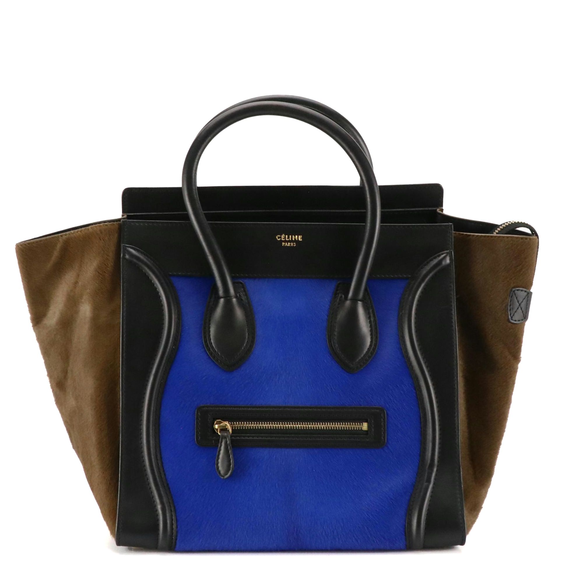 Céline Blue and Brown Pony Hair and Black Calfskin Leather Mini Luggage Tote