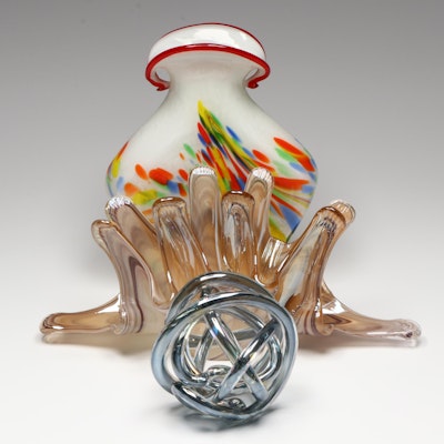 Blown Glass Murano Shell Vase with Other Confetti Vase and Glass Paperweight Blown Glass Murano Shell Vase with Other Confetti Vase and Glass Paperweight