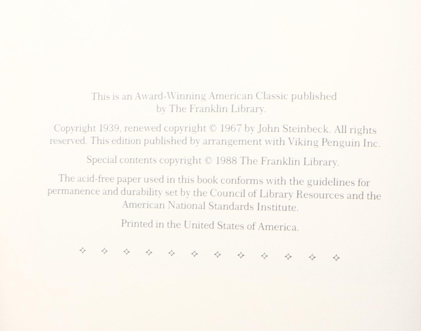 Franklin Library "The Grapes of Wrath" by John Steinbeck, 1988