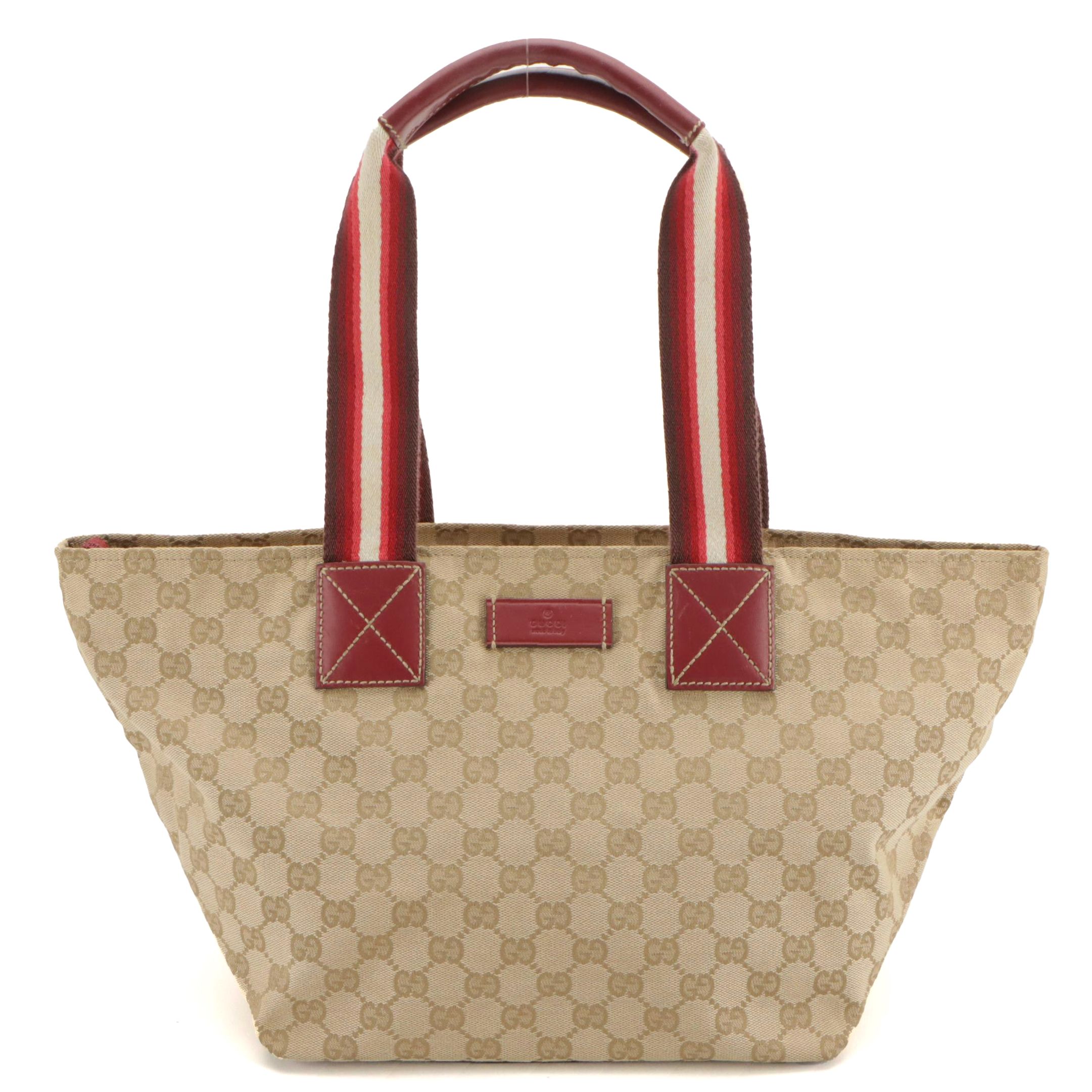 Gucci Web and Leather Strap Beige GG Canvas Shoulder Bag