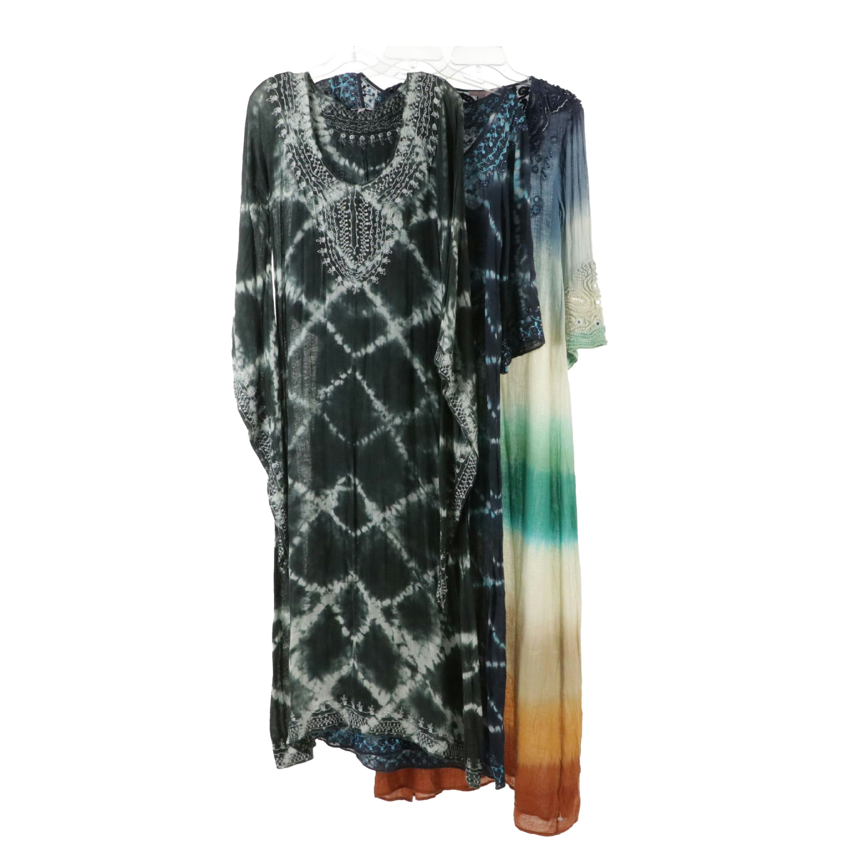 Calypso Kaftan Tunic Dresses in Tie Dyed Embroidered and Embellished Cotton