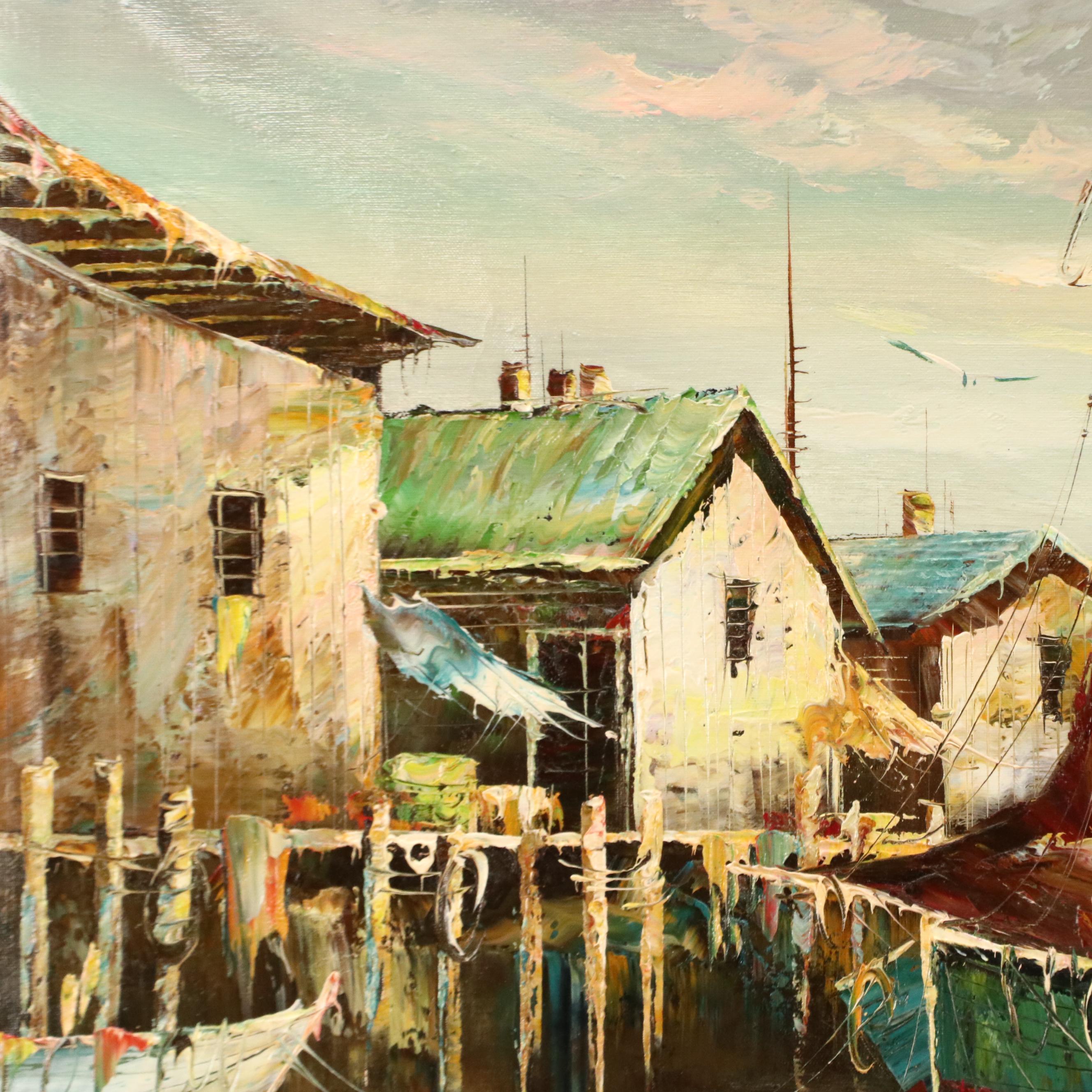 Impressionistic Oil Painting of Fishing Boats, Mid- to Late 20th Century
