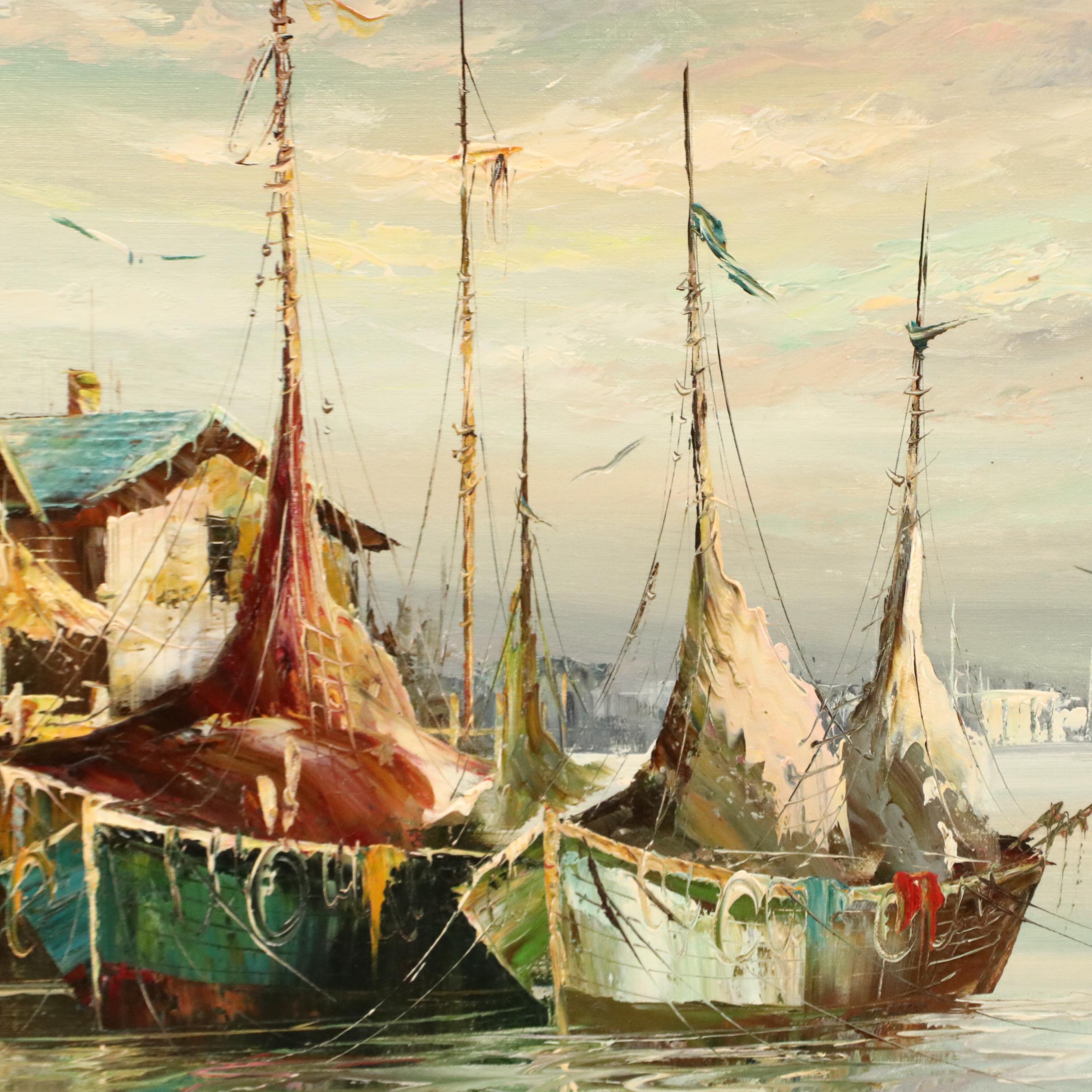 Impressionistic Oil Painting of Fishing Boats, Mid- to Late 20th Century