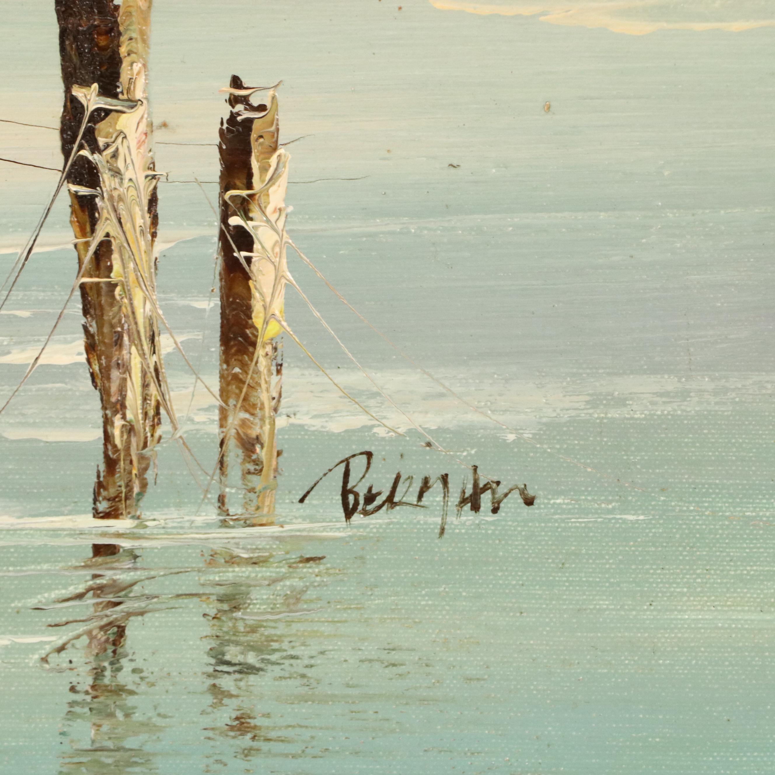 Impressionistic Oil Painting of Fishing Boats, Mid- to Late 20th Century