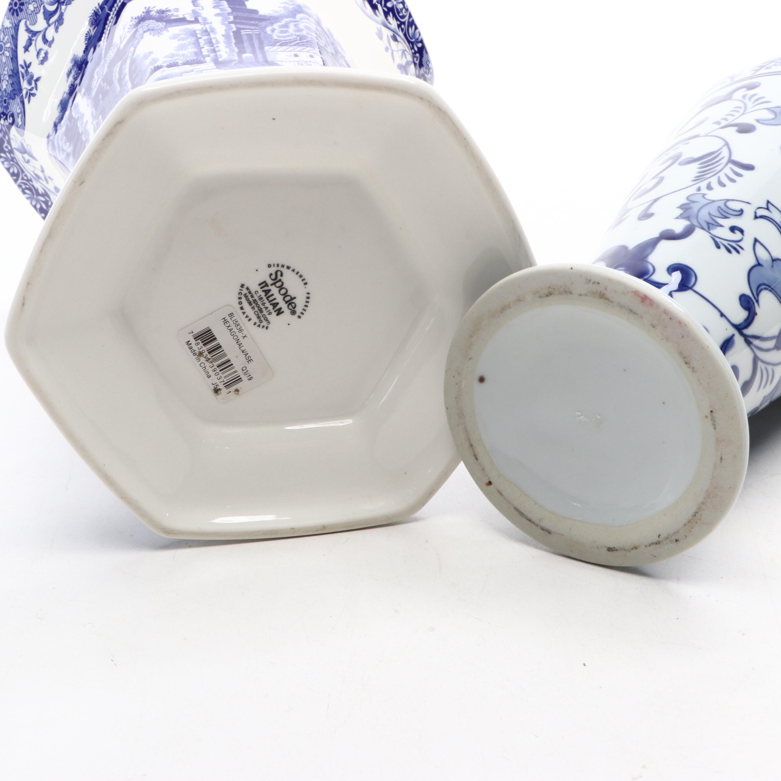 Spode "Italian" Ceramic Vase with Other Blue and White Floral Vases